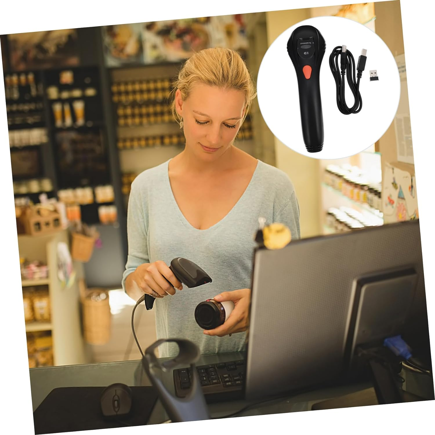 Wireless USB Barcode Scanner 2-In-1 Wired and 2.4G Wireless Qr Code Reader with Dc5.00V Power for Office and Retail Pos Systems image number 1