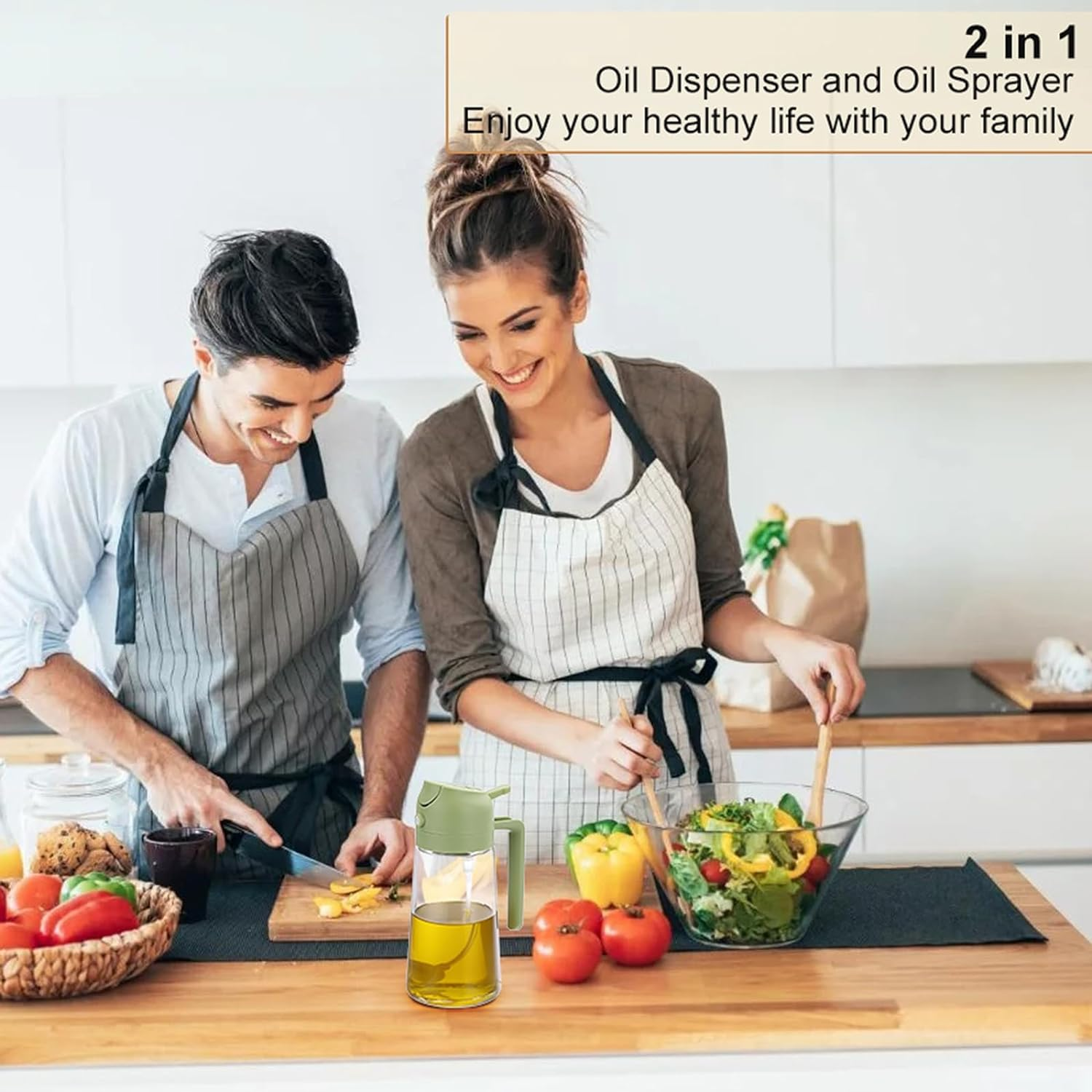 AXIM Olive Oil Dispenser Bottle,2 in 1 Oil Sprayer for Cooking,17Oz/500Ml Glass Oil Spray Bottle with Pourer for Kitchen, Salad, Barbecue (2 Pc,Black) image number 6