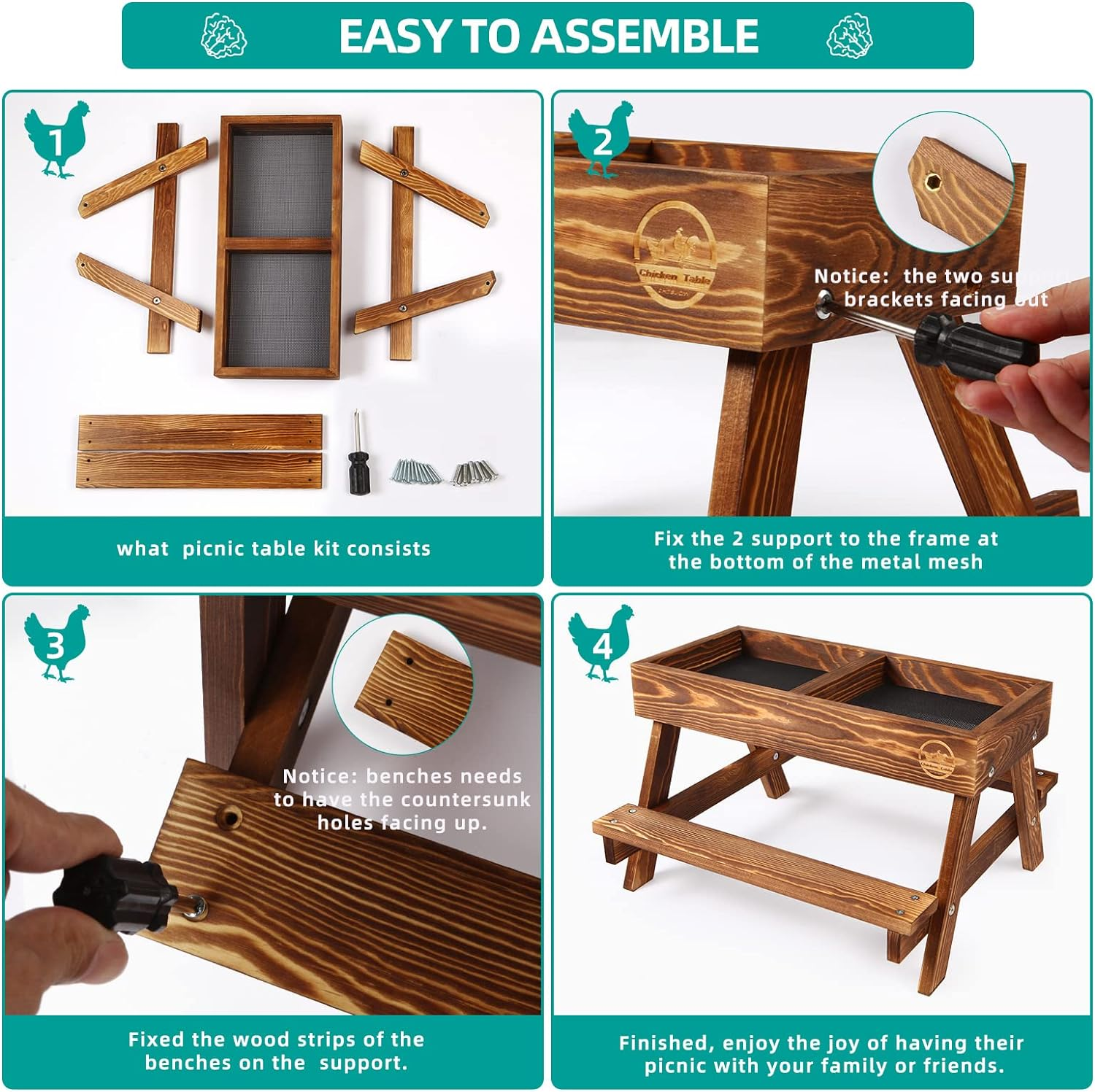 Chicken Table No Waste, Chicken Picnic Feeder Handmade Carbonized Wooden, Large DIY Chicken Feeder Kit, Wild Bird, Duck & Squirrel Feeders, Mesh Bottom Keep Food Fresh and Dry Easy to Clean and Fill