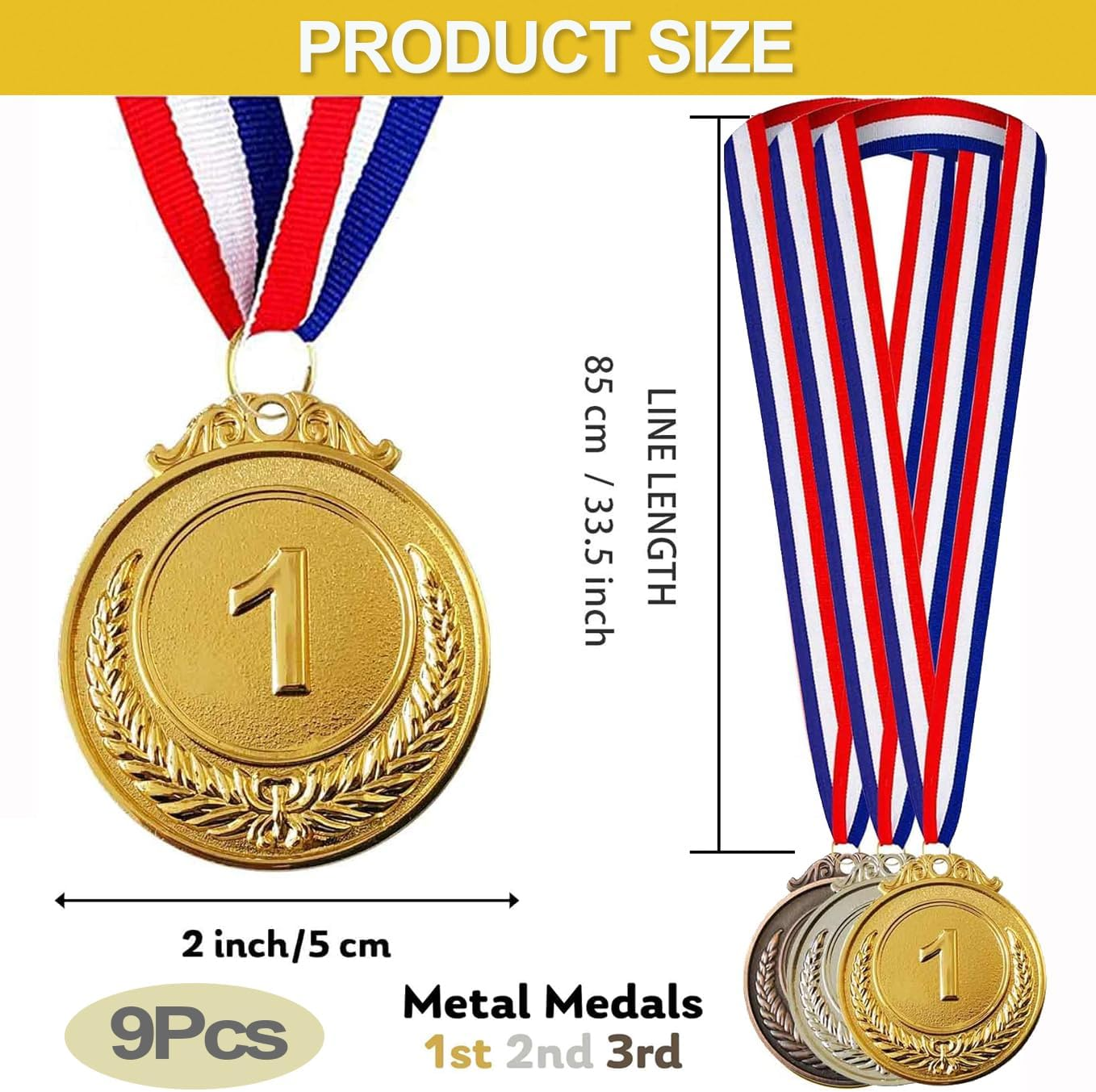 9 Pieces Metal Gold Silver Bronze Medals Award Medals Olympic Style Winner Medals for Children'S Adults Events 1St 2Nd 3Rd Olympic Gold Silver Bronze with Ribbon for Competitions Party Decorations image number 4
