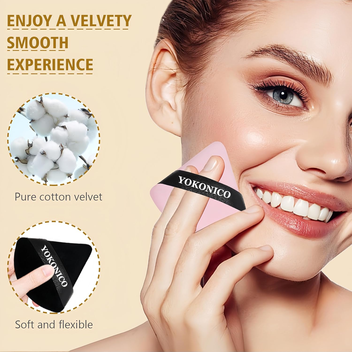 YOKONICO Triangle Powder Puff, 10 Pack Soft Velour Makeup Puffs for Loose Powder, Cotton Sponges Puff for Face Cosmetic Foundation, Mineral Wet Dry Makeup Tools (Black&White) image number 5