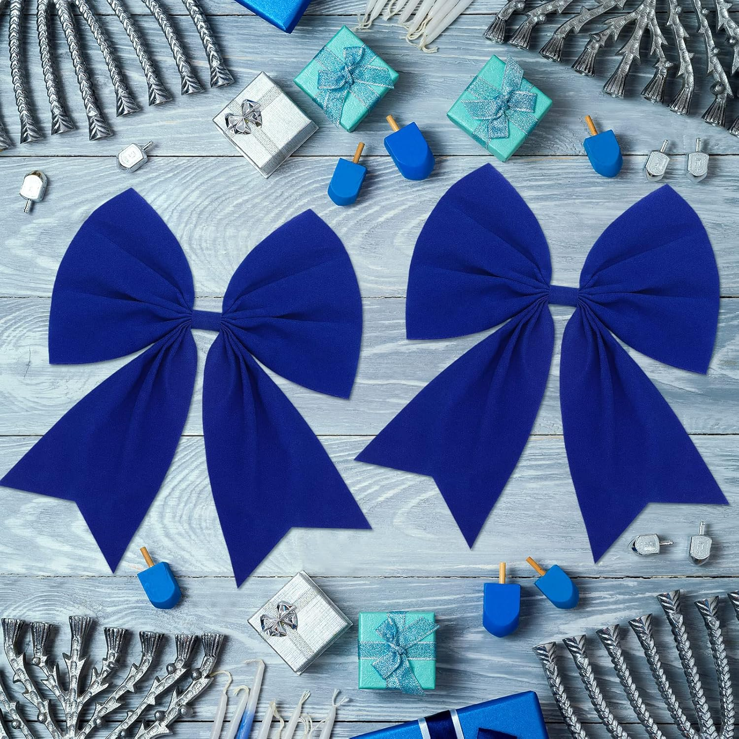 Giegxin 4 Pcs Large Christmas Wreaths Bows 9 X 10.6 Inch Christmas Tree Velvet Ornaments Bows Xmas Tree Topper for Xmas Holiday Home Outdoor Party Decoration(Blue) - Beige image number 3