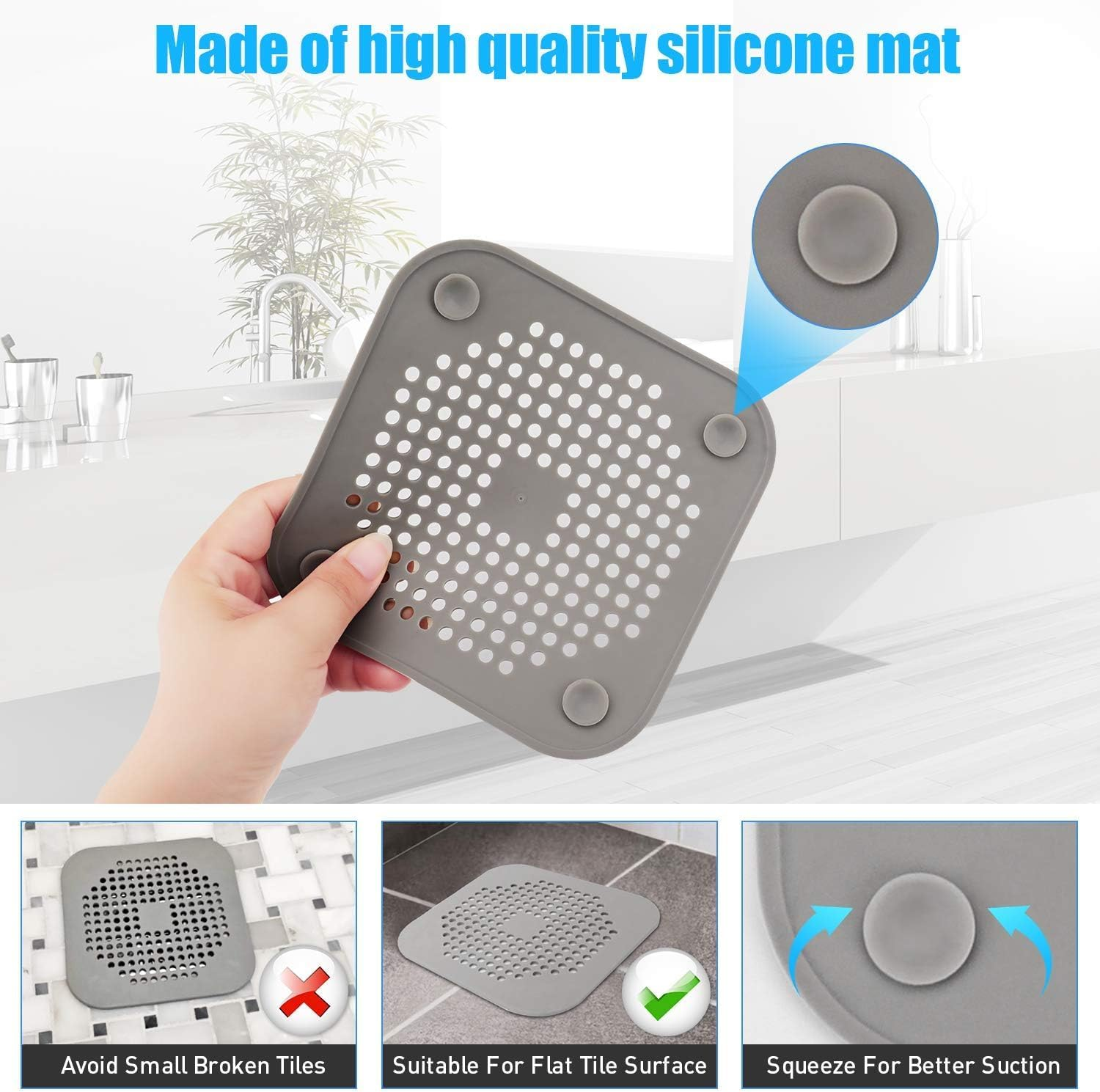 2 Pack Hair Catcher,Square Drain Cover for Shower Silicone Hair Stopper with Suction Cups,Easy to Install Suit for Bathroom,Bathtub,Kitchen (Grey White) image number 4