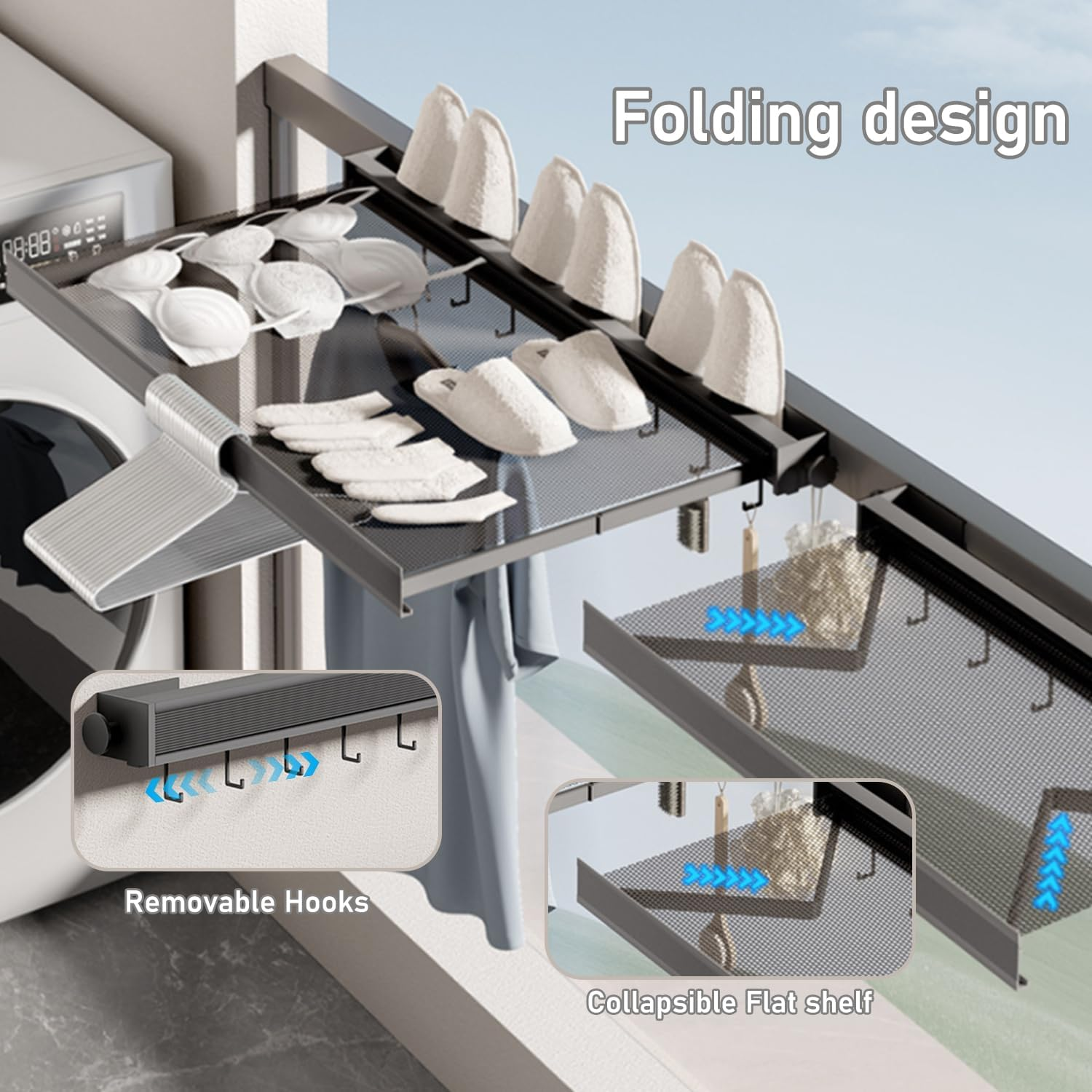 Uandhome Foldable Clothes Drying Rack,Wall Mounted Mesh Clothes Hanger Rack,Sweater Drying Rack with 6 Hooks,Laundry Drying Rack for Bathroom,Balcony,Wash Basins(Black 49Cm) image number 3