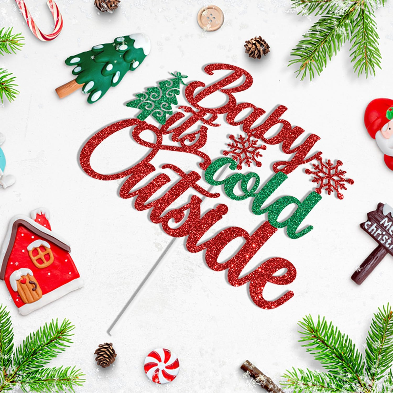 Red Glitter Baby It'S Cold outside Cake Topper, a Little Snowflake Is on the Way/Oh Deer He Is Almost Here, Winter Christmas Themed Baby Shower Party Decorations Supplies image number 2