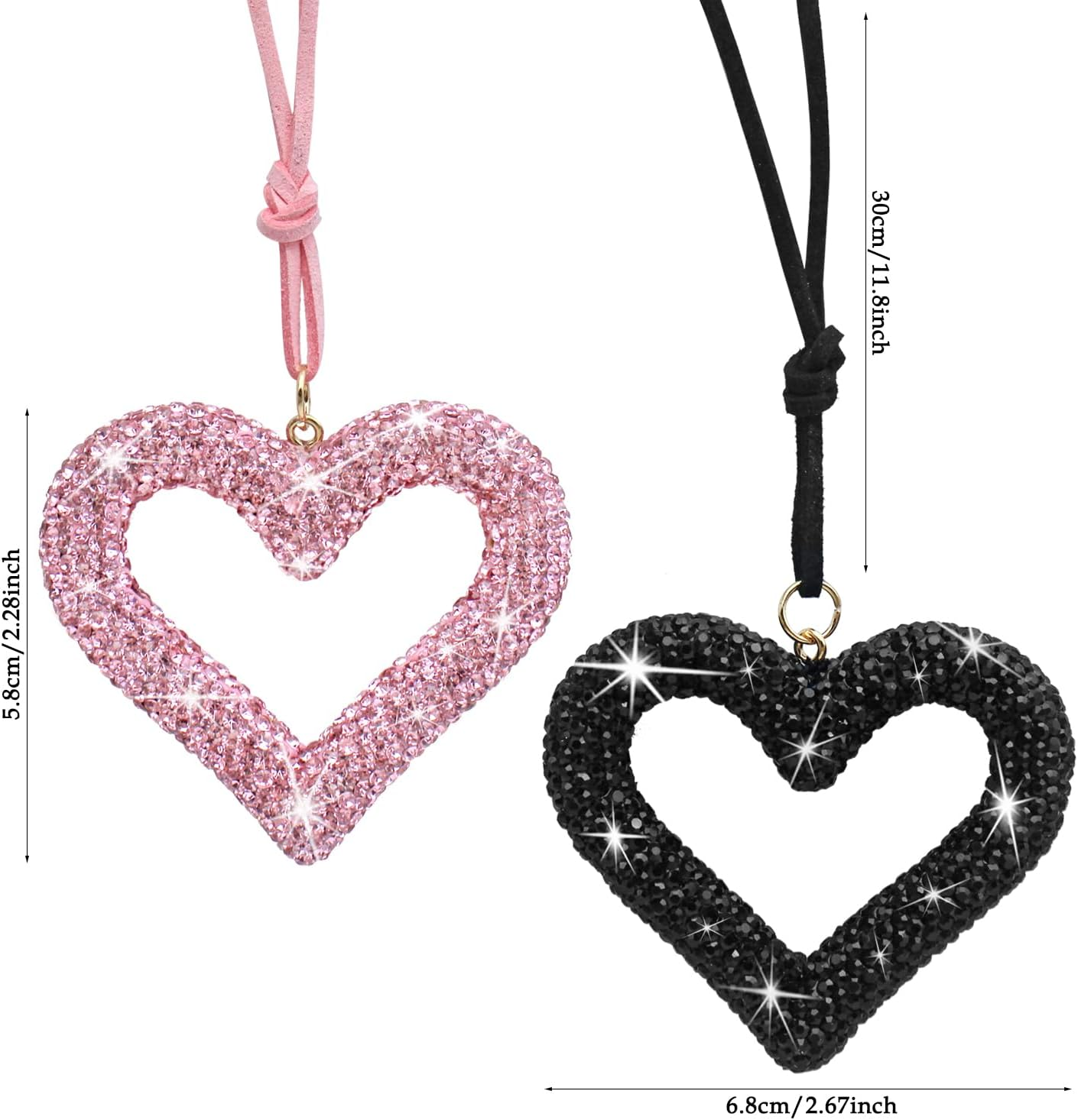 2Pcs Rear View Mirror Accessories, AIFUDA Bling Heart Car Hanging Accessories Crystal Rhinestone Auto Interior Hanger Decoration for Women Girls(Black,Pink) image number 2