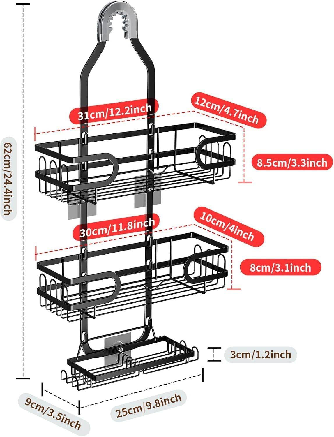 Isyunen over the Shower Caddy Pantry Organizer Rack,Hanging Shower Organizer Shelf,No Drilling over the Shower Storage,Holds Body Wash,Shampoo,Soap,Towel,Black 25D X 9W X 62Hcm image number 1