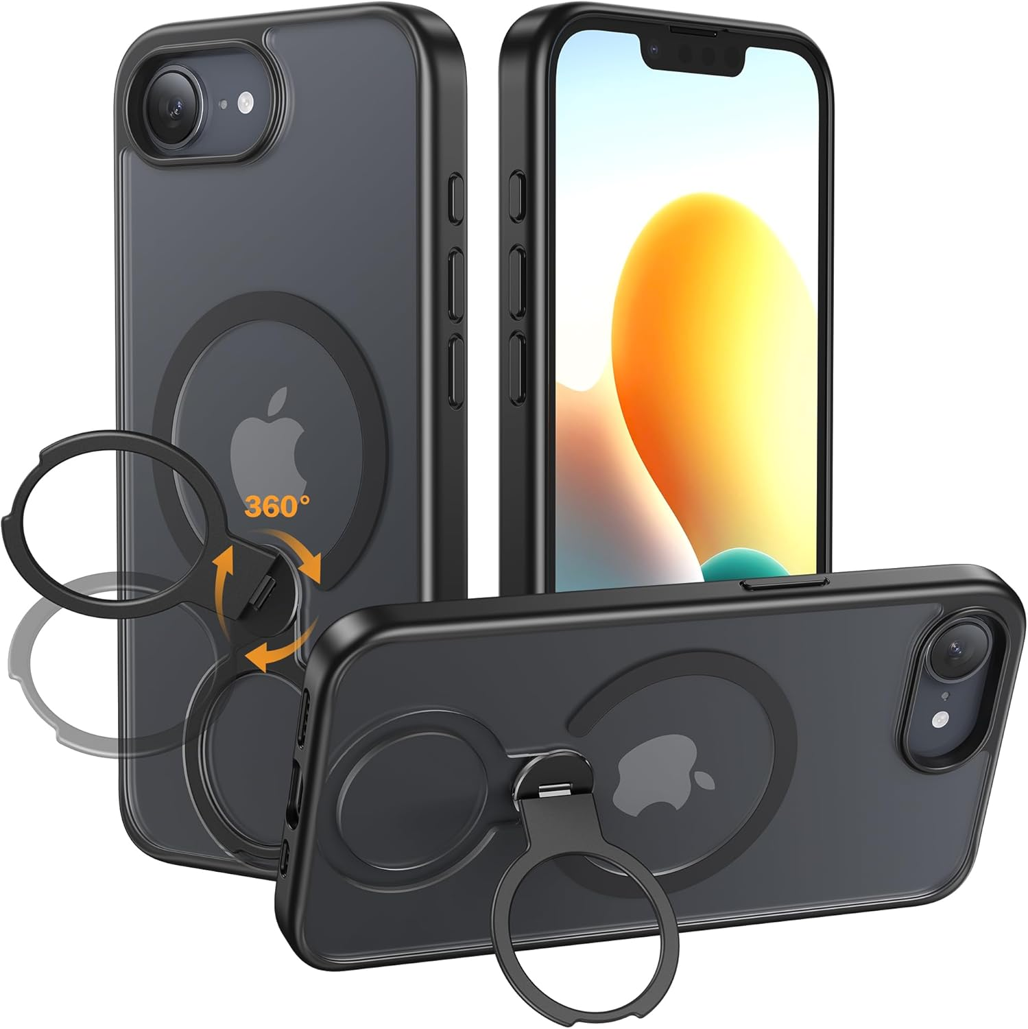 NIMASO for Iphone 13/14 Case with Ring Stand 360&deg;Rotatable, Compatible with Magsafe, Shockproof Military-Grade Protection, Translucent Matte Back Slim Magnetic Phone Case 6.1 Inch, Black image number 3