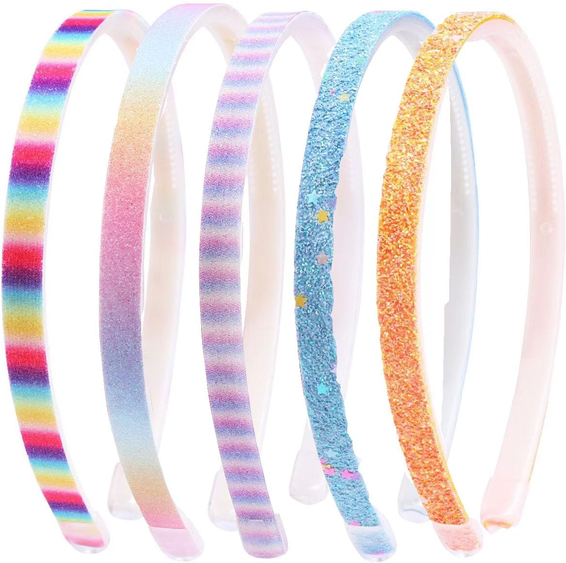 Pack of 5 Glitter Hair Bands - Colourful Non-Slip Hair Accessories - Cute Rainbow Confetti Design - Ideal for Little Girls Festive Occasions image number 4