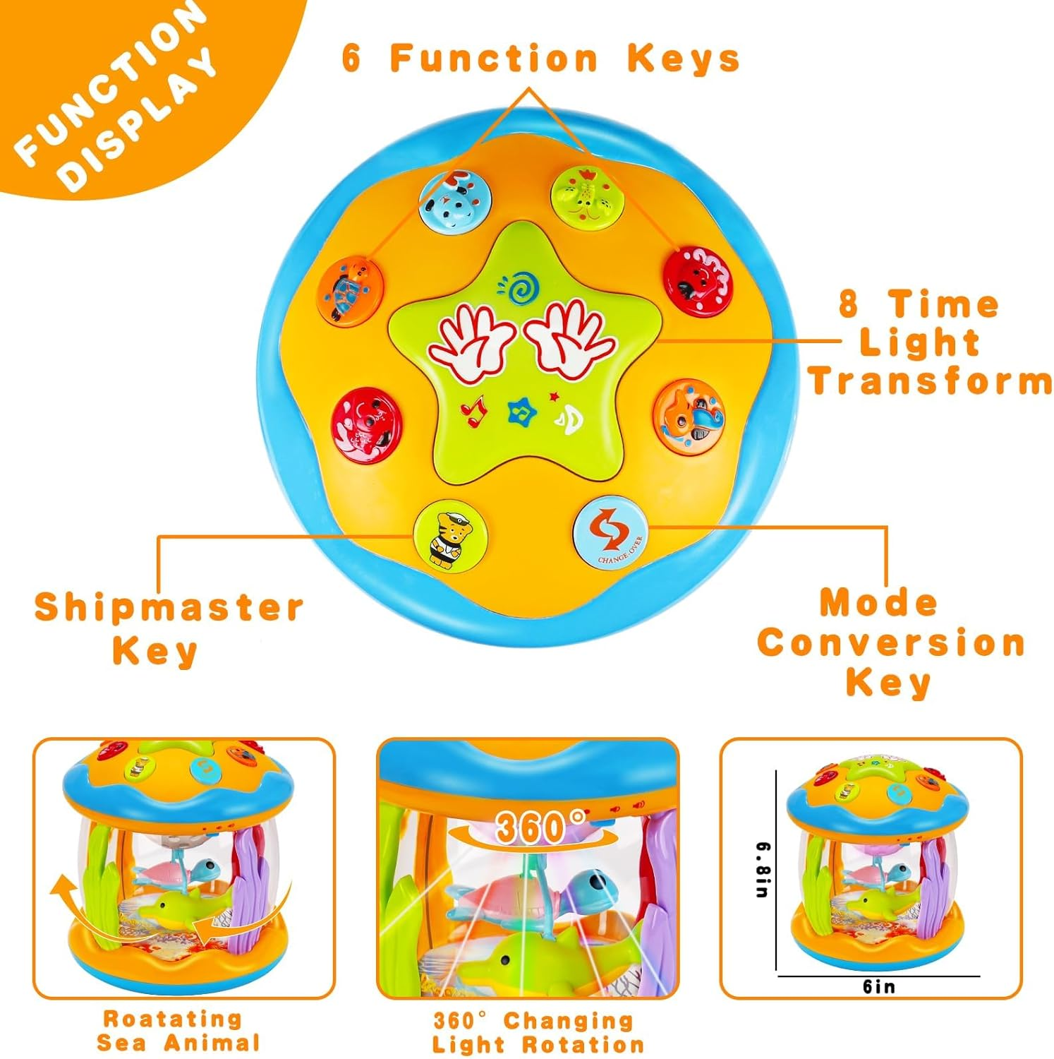 Baby Toys 6 to 12 Months Musical Light up Tummy Time Toy Ocean Rotating Projector for Infant 3-6 7 8 9 12-18 Month Baby Learning Crawling Birthday for 1 2 3 Year Old Boys Girls (Yellow) image number 1