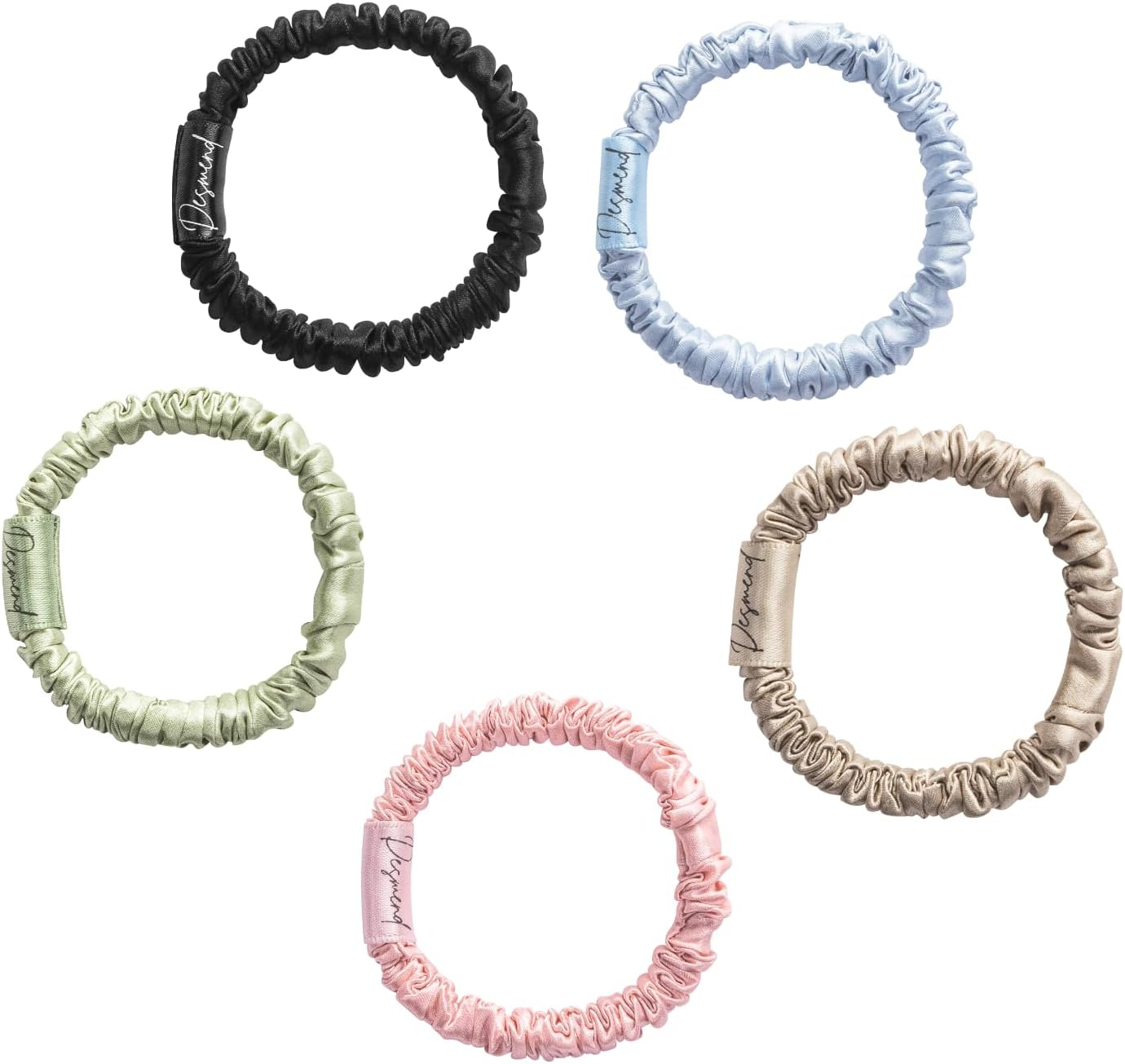 Silk Scrunchies 100% Pure Mulberry Thin Skinny Silk Hair Ties for Women & Girls No Damage Hair Bands Perfect for Ponytails & Sleep Small 5 Pcs Black/Green/Pink/Light Brown/Blue