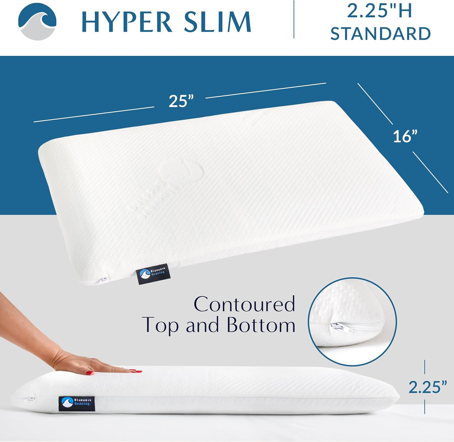 Bluewave Bedding Hyper Slim Gel Memory Foam Pillow for Stomach and Back Sleepers - Thin, Flat Design for Cervical Neck Alignment and Deeper Sleep (2.25-Inches Height, Standard Size) image number 5