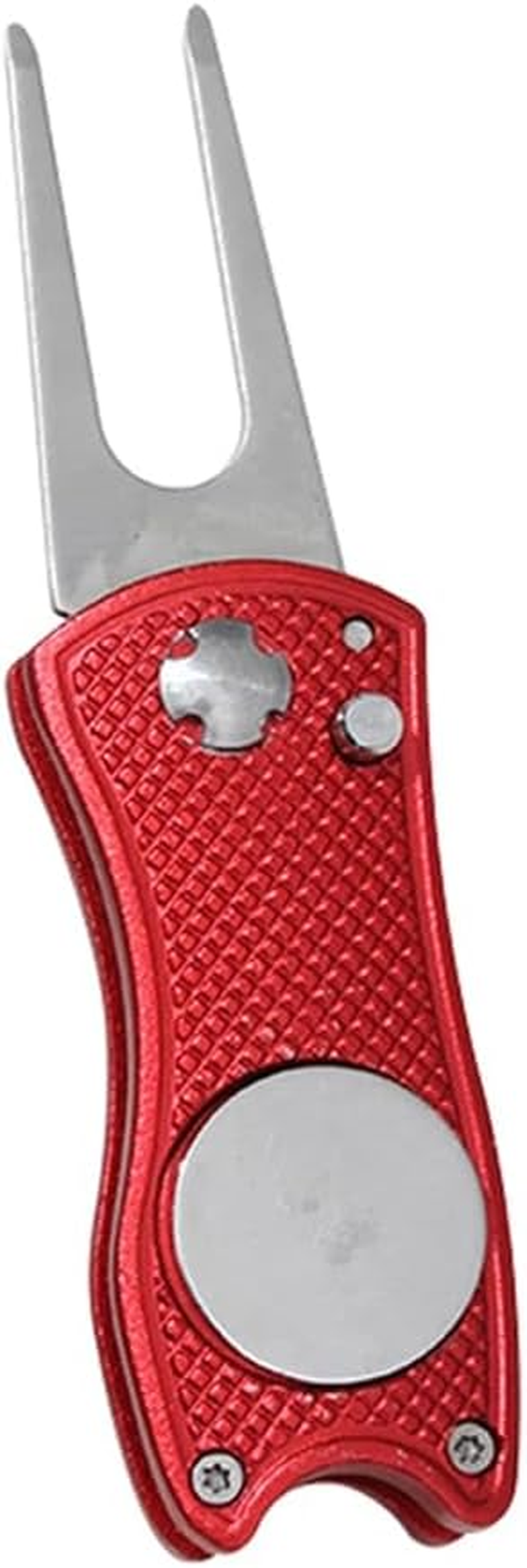 Metal Foldable Golf Divot Repair Tool with Pop-Up Button & Magnetic Ball Marker Red