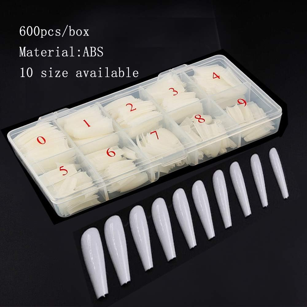 600Pcs Long Coffin Fake Nails - Full Cover Natural Ballerina False Nail Acrylic Nail Tips with Case, Artificial Nails10 Sizes for Nail Salons and DIY Manicure image number 1