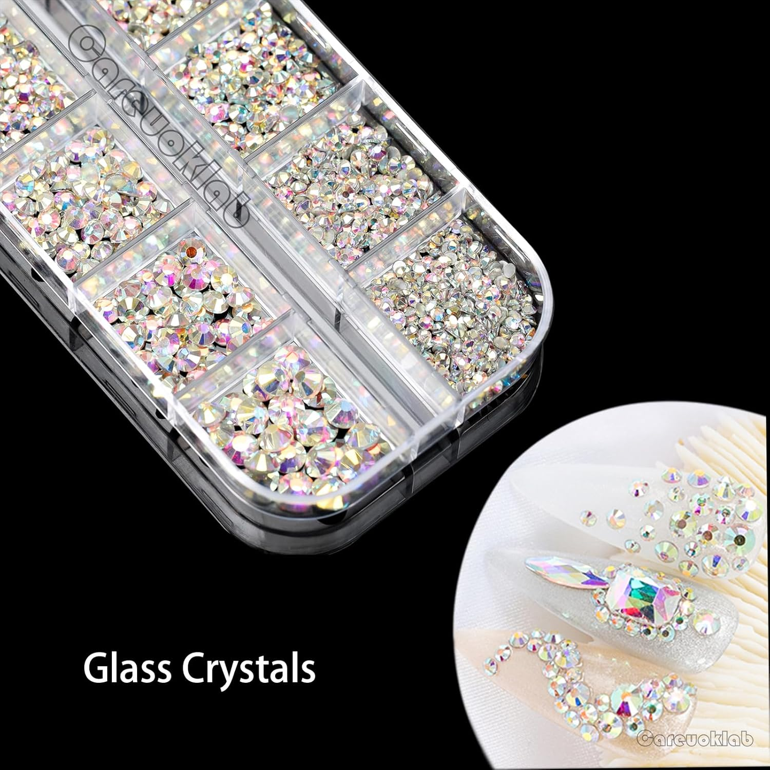 2 Boxes Colorful Glass Crystals of Flatback Rhinestones, Multi Sizes 3D Nail Art Gems Stones for Nails Crafts and DIY Decoration (Multicolor + Crystal AB) - Multicolor + Crystal Clear image number 7