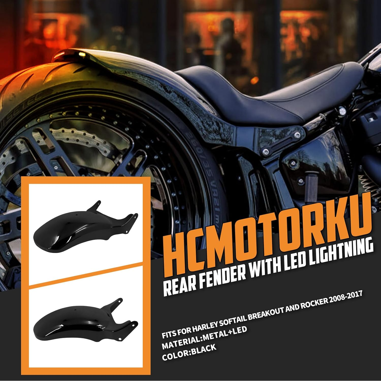 Motorcycle Rear Fender with LED Lights Turn Signal Brake Running Light Fit for Harley Softail Breakout and Rocker FXBR FXBRS 2008-2017 image number 4