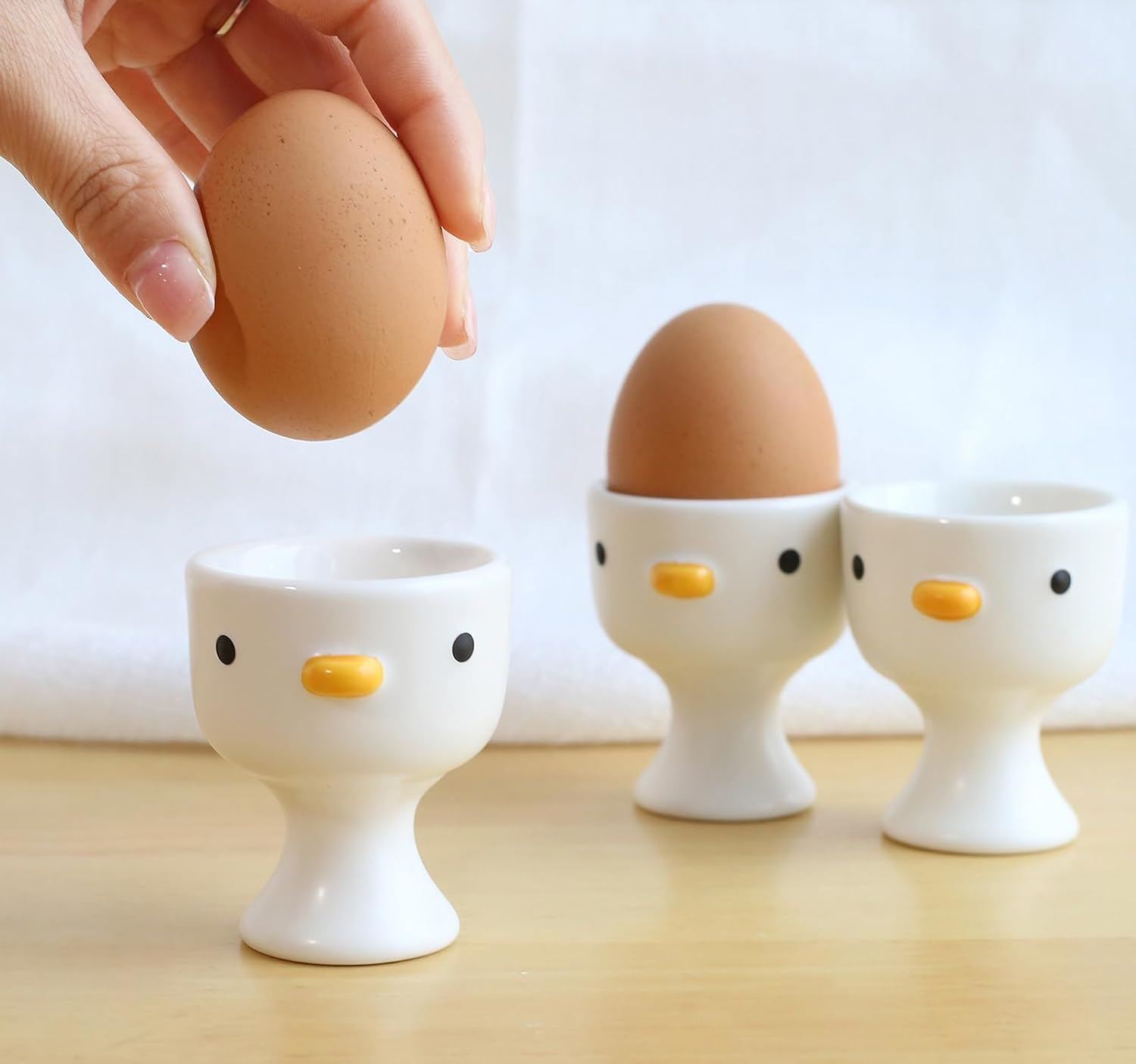 PURROOM Funny Duck Egg Cup, Cute Chick Egg Cups Gift Set of 3, Handmade Glaze Safety Ceramics Soft Boiled Egg Holder, Breakfast Kitchen Cooking. image number 6