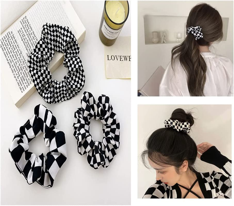 Checkered Scrunchie Buffalo Plaid Scrunchies Checkboard Elastic Hair Ties for Women Girls Checkered Accessories Black and White Scrunchies Ponytail Holders image number 3
