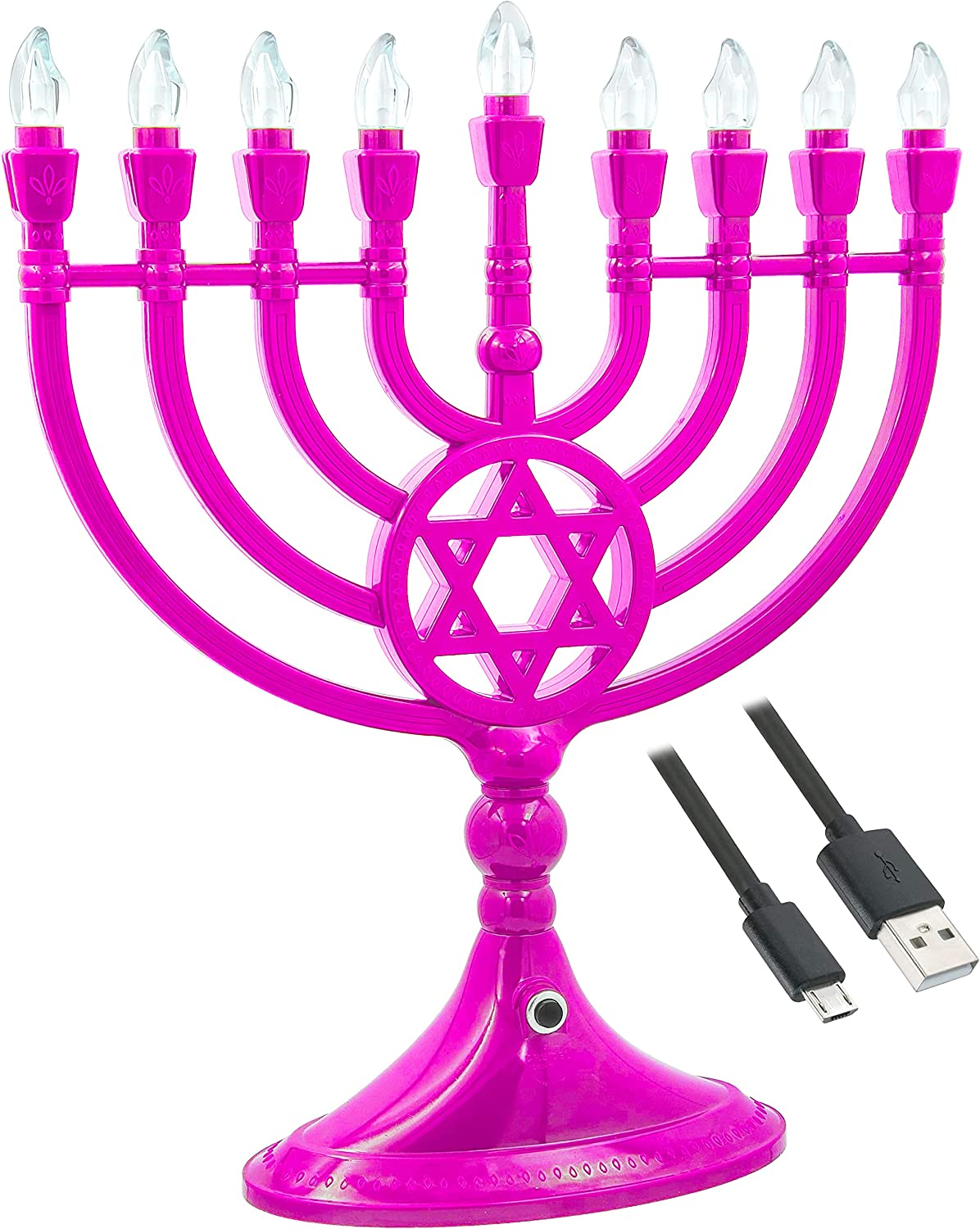 Traditional LED Electric Gold Hanukkah Menorah with Crystals - Battery or USB Powered - Includes a Micro USB 4' Charging Cable