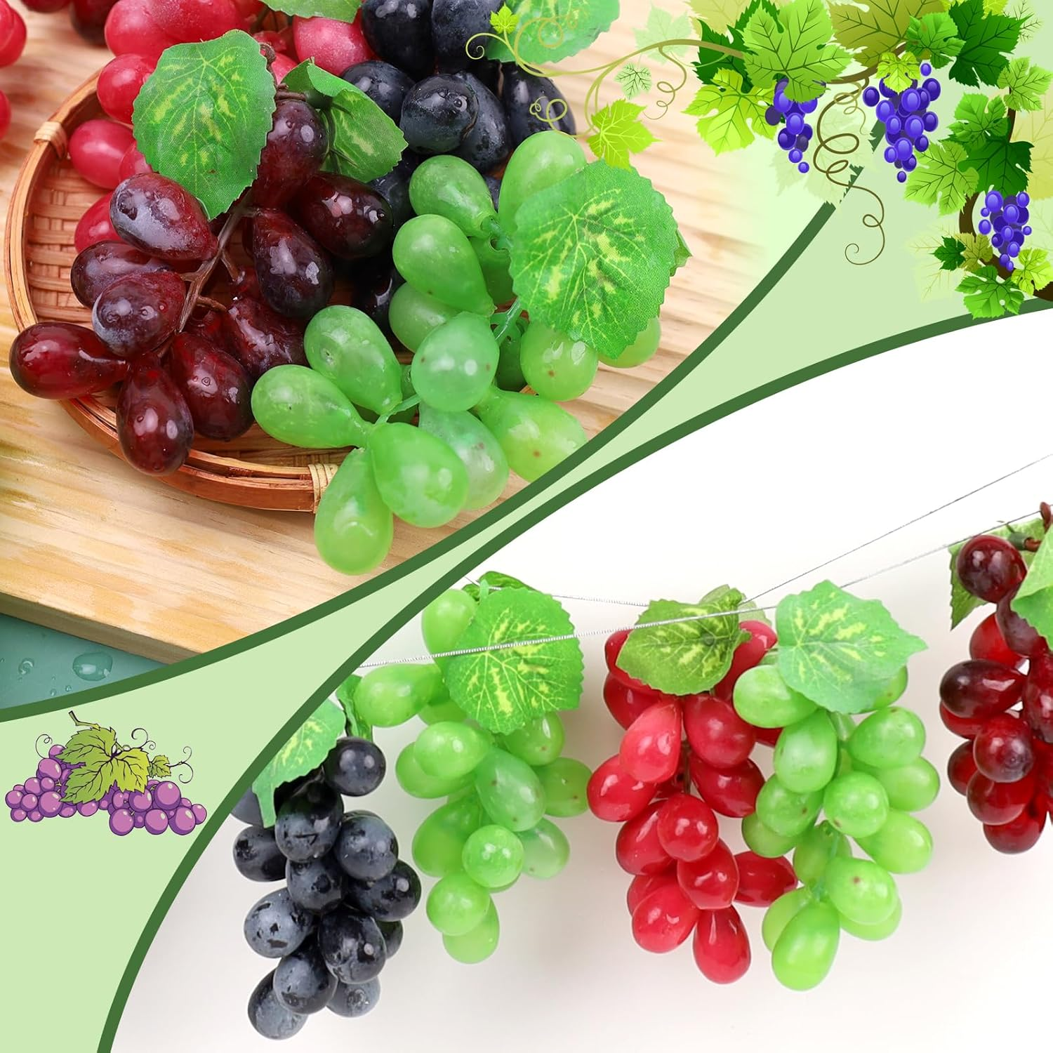 Folmywy 16 Pack Artificial Fake Grapes Simulation Faux Grape Bunches Black Purple Red Green Realistic Rubber Fruits Decoration for Wedding Party Home Fruit Wine Garland Decor