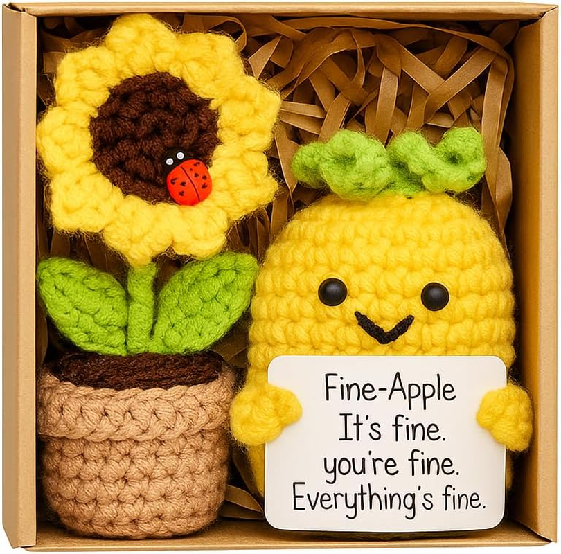 2PCS Handmade Crochet Yarn Decor &ndash; Funny Sunflower & Pineapple Desk Accessories, Emotional Support Gifts for Women, Friends, Office &ndash; Fiber Art Knitted Ornaments, Not Toys image number 4