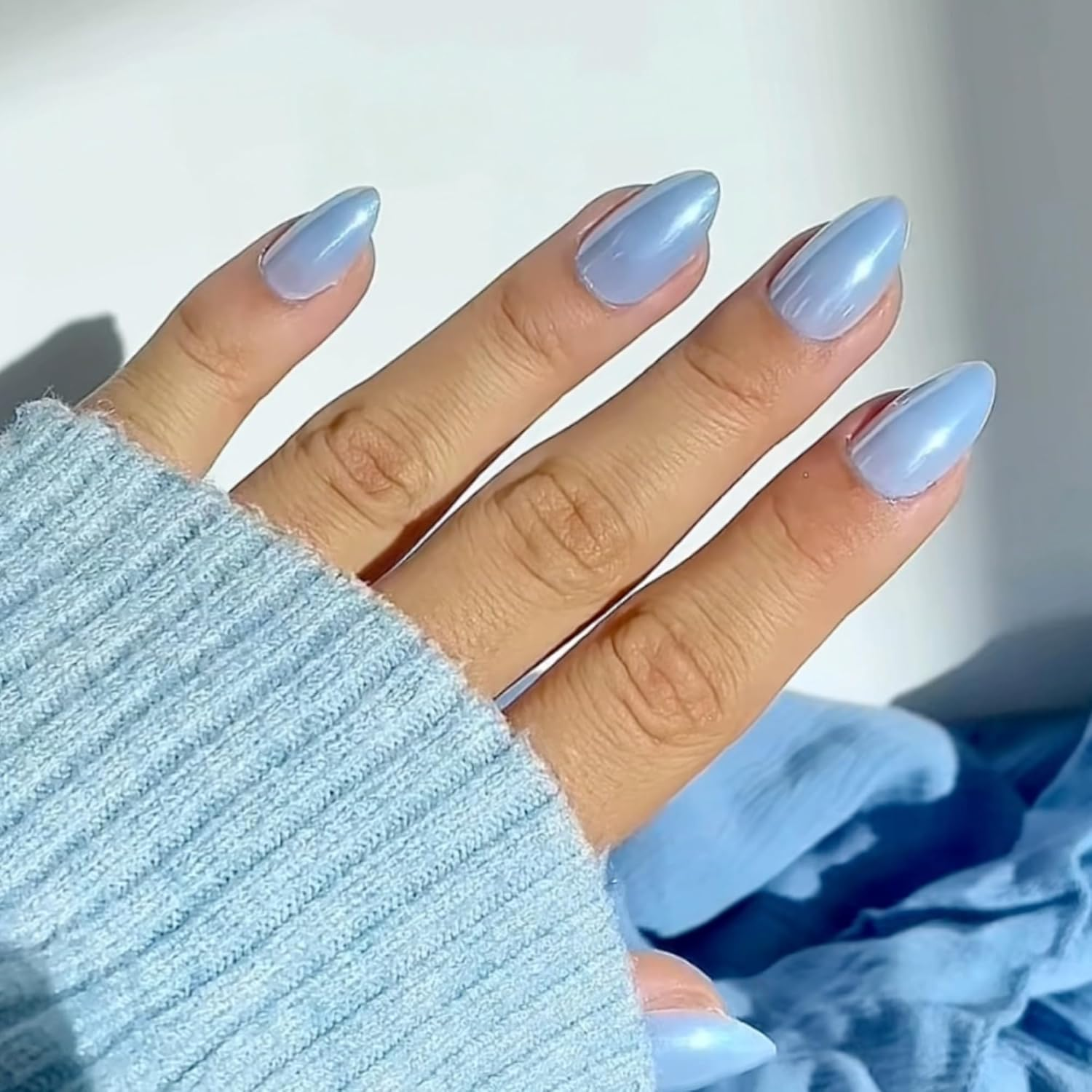 Press on Nails - Blue Glazed, Short Almond Shape, Reusable Nails in 15 Sizes - 30 Nail Kit with Glue and Sticky Tabs