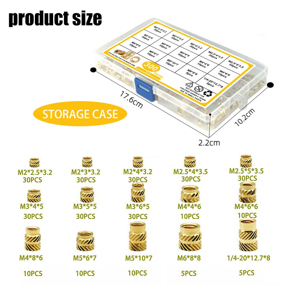 300Pcs M2 M3 M4 M5 M6 Female Thread Knurled Nuts Brass Threaded Insert Embedment Nuts Hydraulic Welded Joint Injection Molding Assortment Kit Perfect for Fastening Fixing Injection Molding image number 1