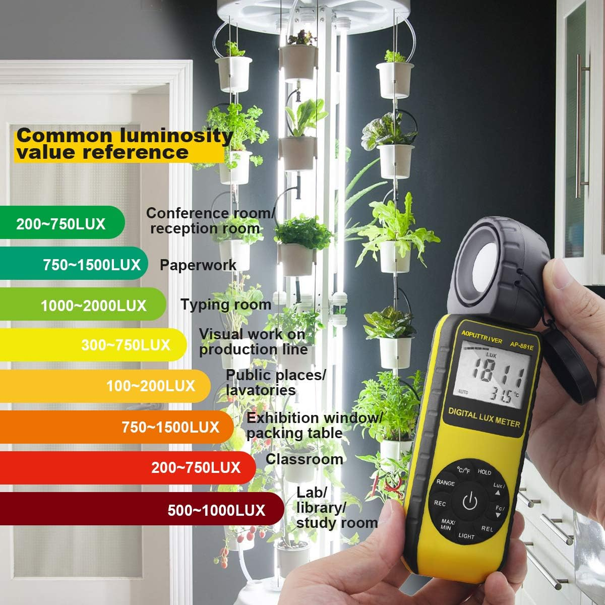 Handheld Light Meter, AOPUTTRIVER AP-881E Digital Illuminance Light Meter with 0.01~300,000 Lux (0.01~30,000 FC), Foot Candles Luxmeter with 270&ordm; Rotated Sensor with Temp(℃/℉) and Backlit for Plants - Ap881D(0.01~400,000 Lux) image number 3