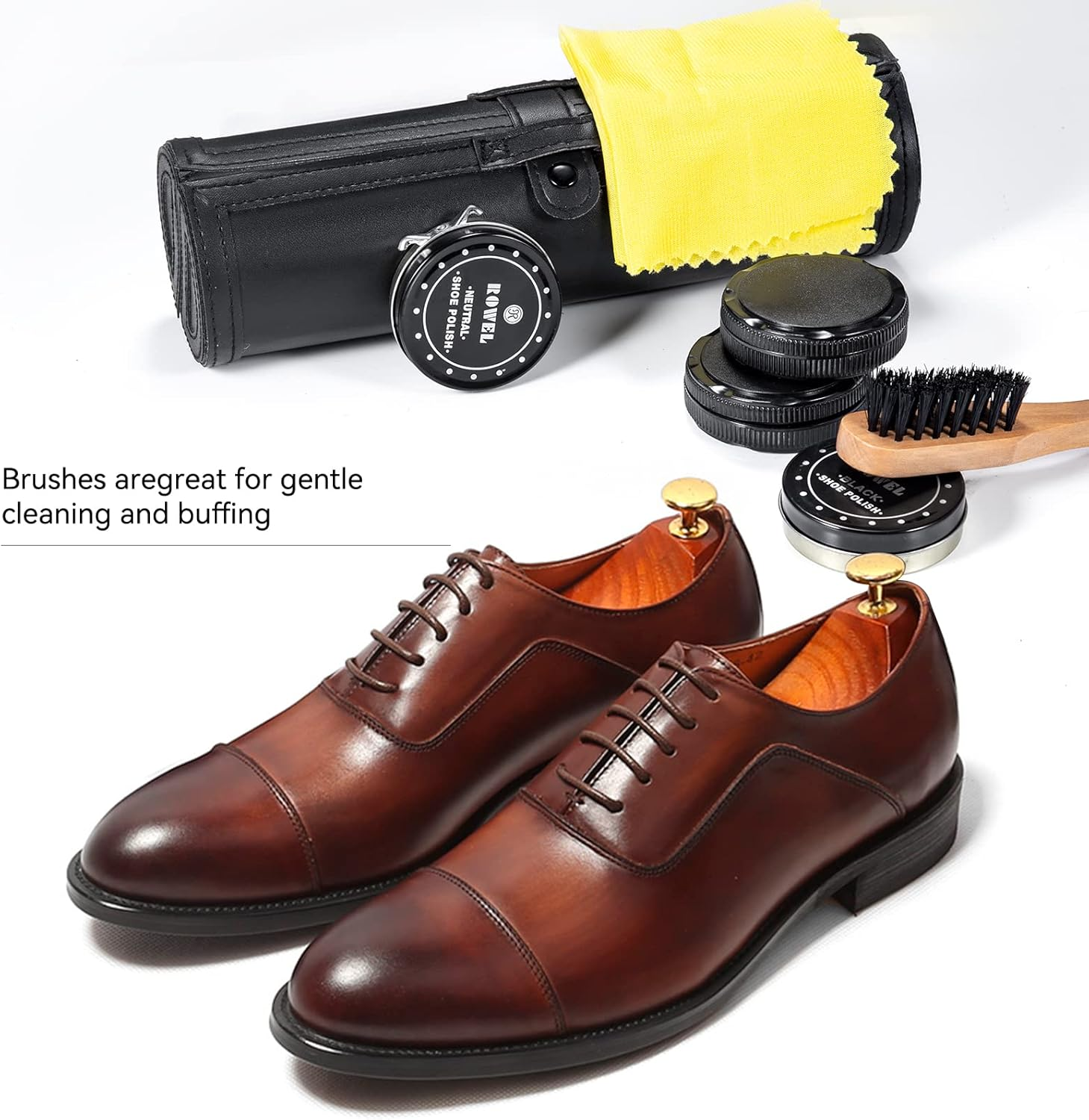 YUET Shoe Polish Kit Cleaning Shine Care Barrel Set for Brown Black Leather with Brush Travel Case Luxury Premium Soft Horsehair Bristle Dauber, Wooden Applicator, Shoehorn, Cloth 9 Piece Black Pouch image number 3