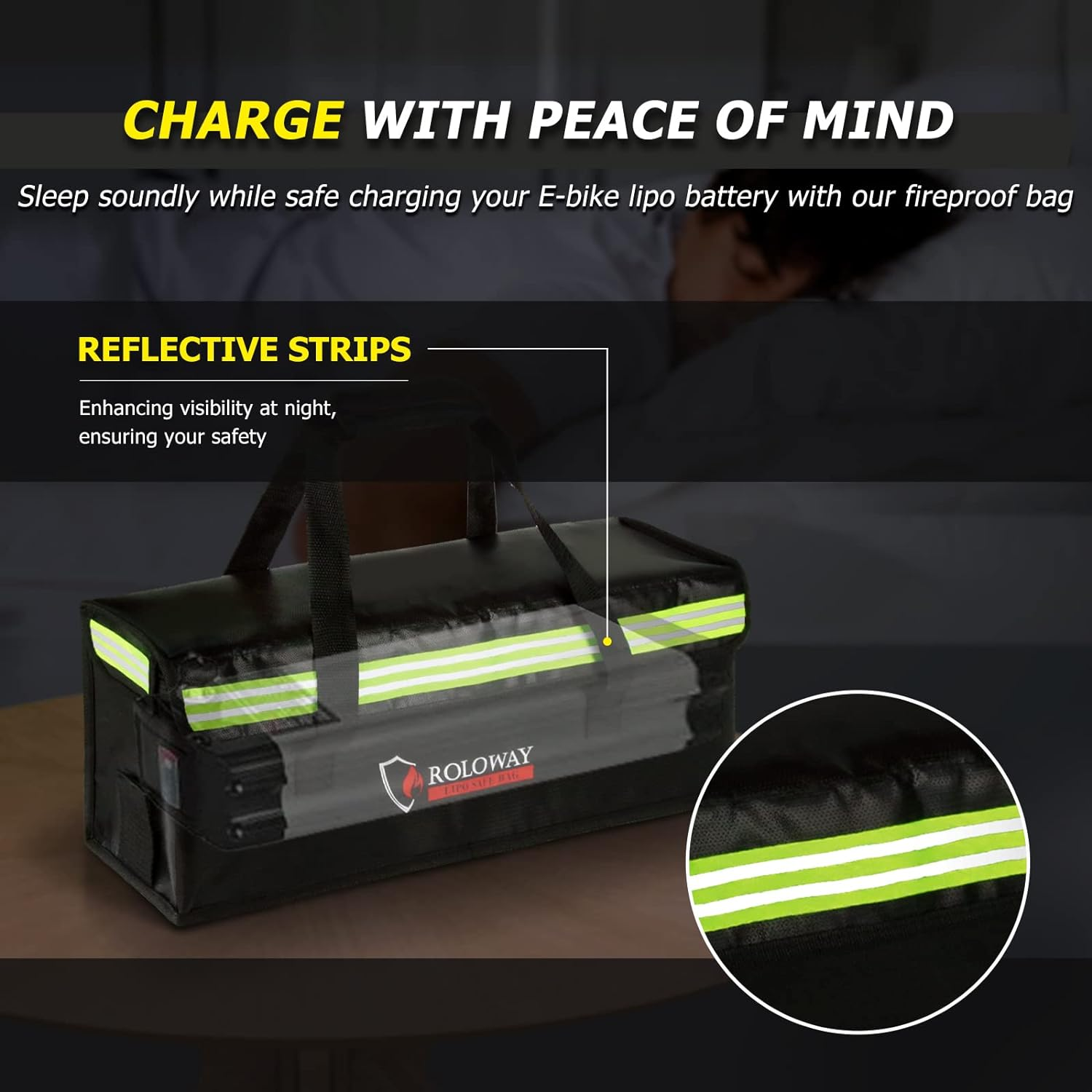 ROLOWAY Lipo Battery Bag Fireproof Bag (20 X 5 X 7.5 Inch), Large Lipo Bag Fireproof Ebike Battery Bag, Lipo Safe Bag with Comfortable Handle, Reflective Strip, Lipo Charging Bag image number 6