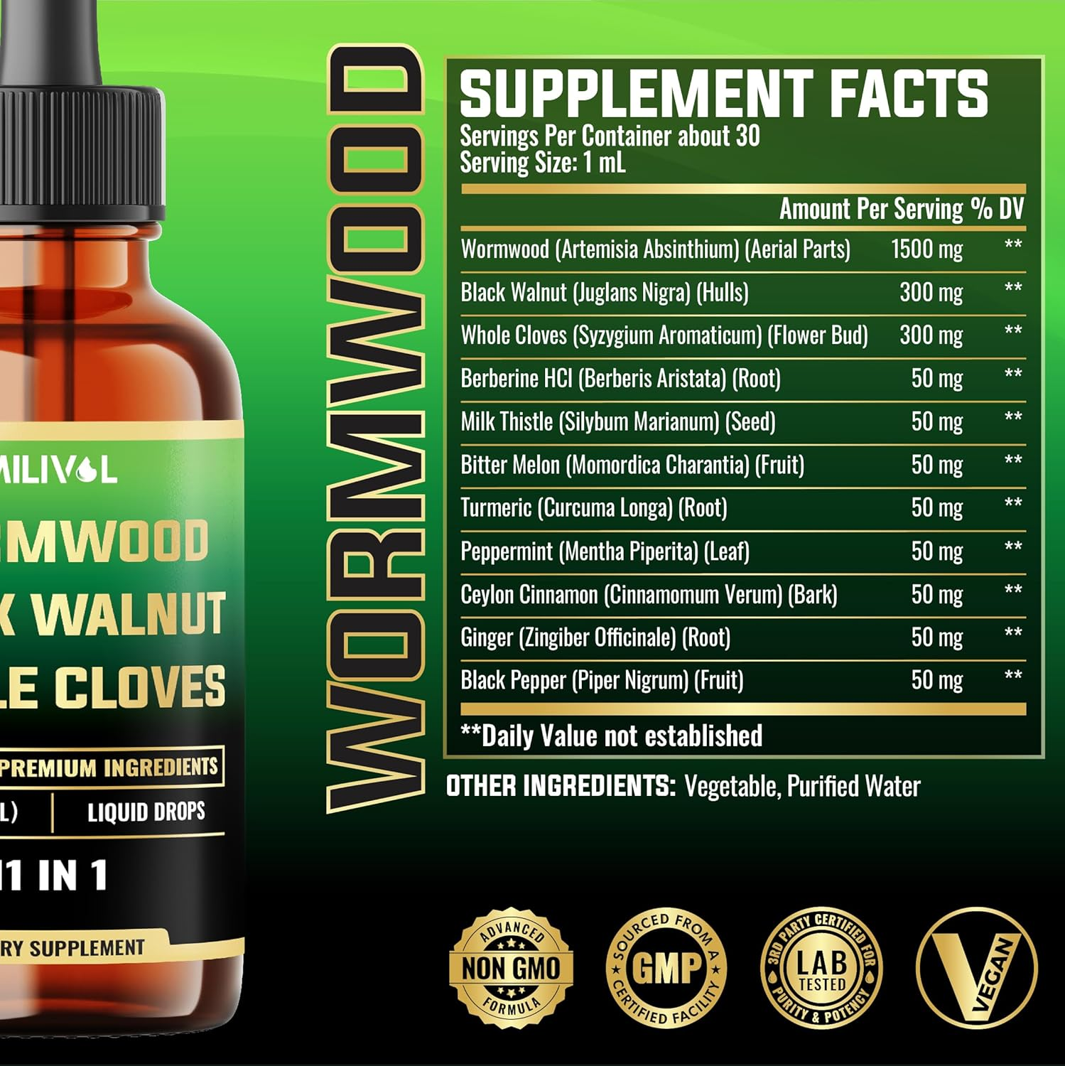 MILIVOL [ 2 Packs of 1Fl Oz ] - Wormwood Liquid Drops - Wormwood Extract Tincture with Black Walnut, Whole Cloves & 8 More Herbs - 60 Days Supply image number 5