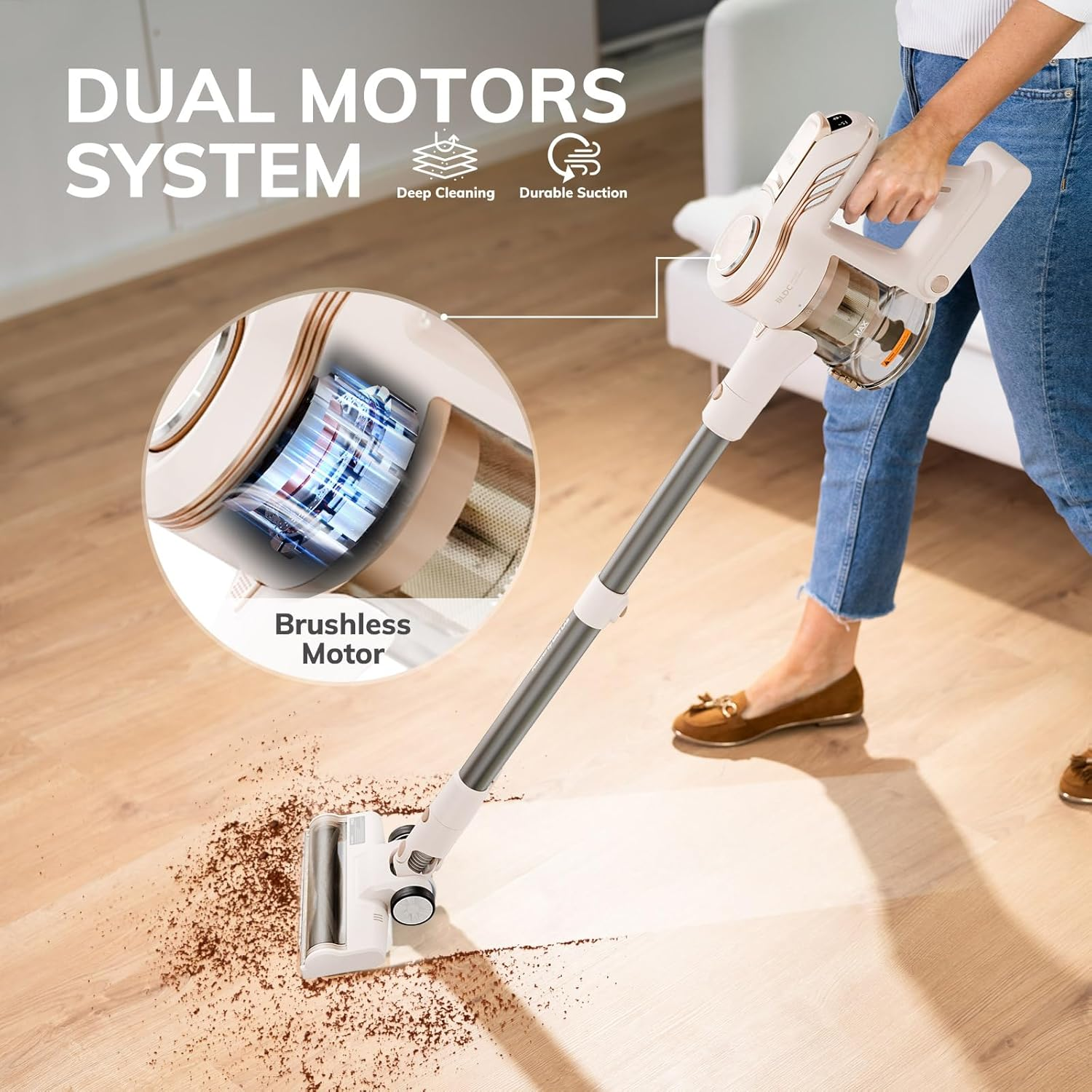 MIUI Cordless Upright Vacuum Cleaner, M2 Powerful Suction Brushless Motor, V-Shaped Anti-Hair Tangle Brush, Auto-Speed Adjustment, Stick Vacuum for Hard Floor,Carpet,Pet Hair image number 2