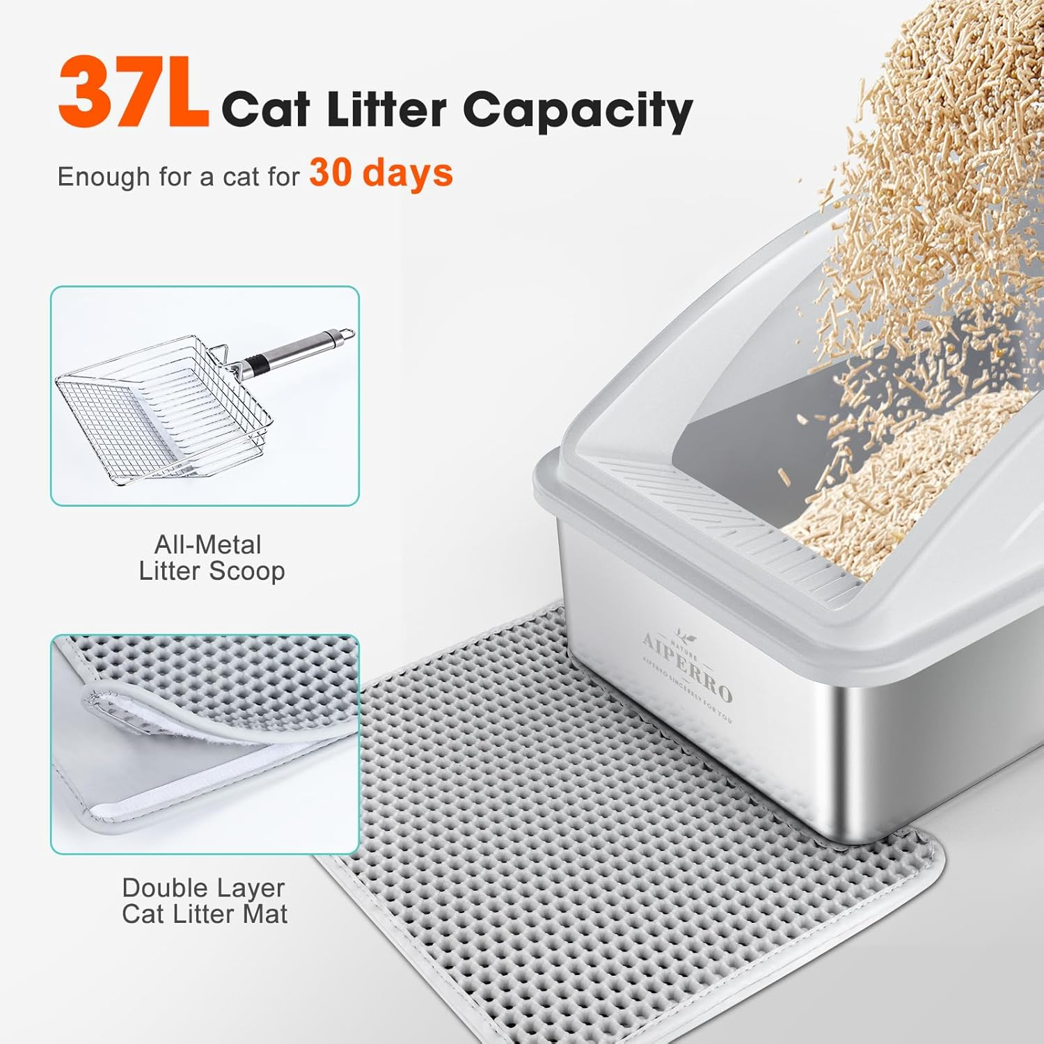 Stainless Steel Litter Box | XL Enclosed Cat Litter Boxs with Lid for Big Cats | High Sided, Anti-Urine Leakage | Non-Stick Bottom & Includes Litter Mat & Metal Scoop image number 2