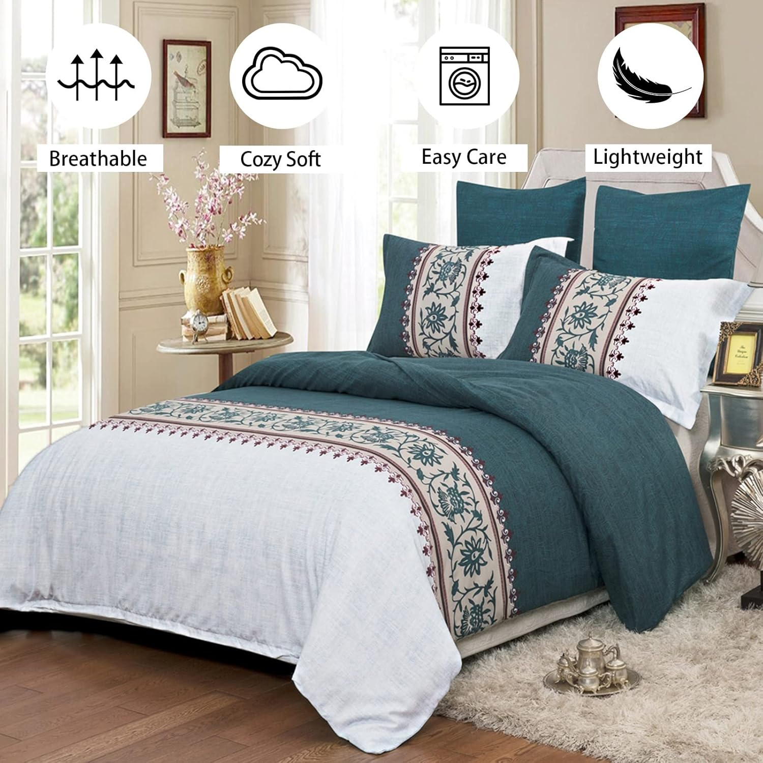 Green Duvet Cover Set King 3 Pieces Reversible Boho Printed Bedding Set Soft Microfiber Quilt Cover with 2 Pillowcases (Green/Beige, 230X220Cm) image number 5