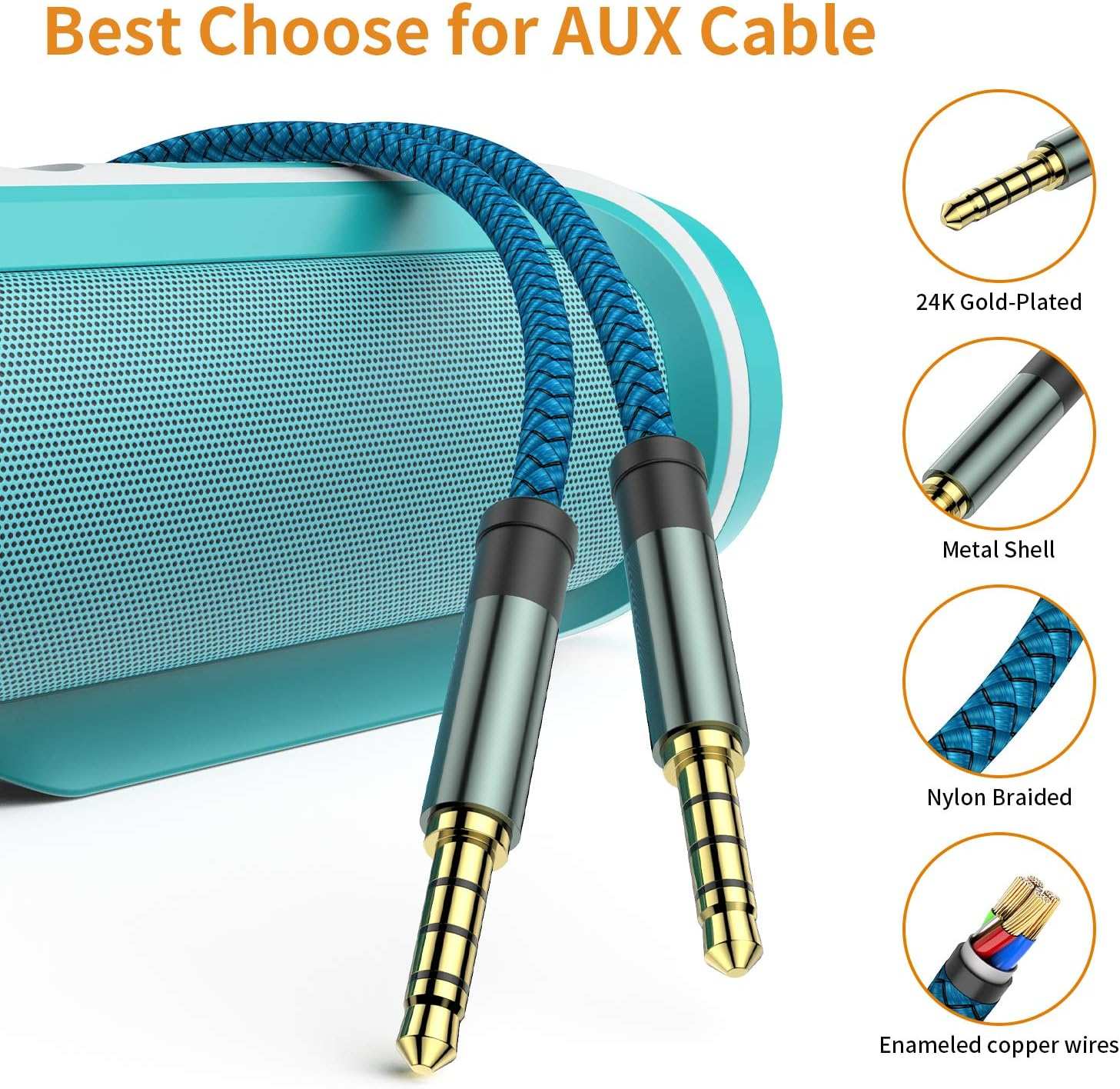 AUX Cable, [5Ft / 2 Pack- Copper Shell, Hi-Fi Sound] 3.5Mm 1/8" Auxiliary 4 Pole Stereo Audio Nylon Braided Aux Cord Compatible Car Home Stereos,Speaker,Iphone Ipod Ipad,Headphones,Sony,Echo Dot(Blue)