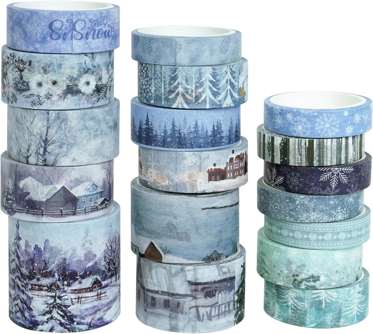 YUBX Winter Washi Tape Set 18 Rolls Landscaping Snow Embellishment Blue White Decorative Masking Tapes for Arts, DIY Crafts, Journals, Planners, Scrapbook, Wrapping image number 5