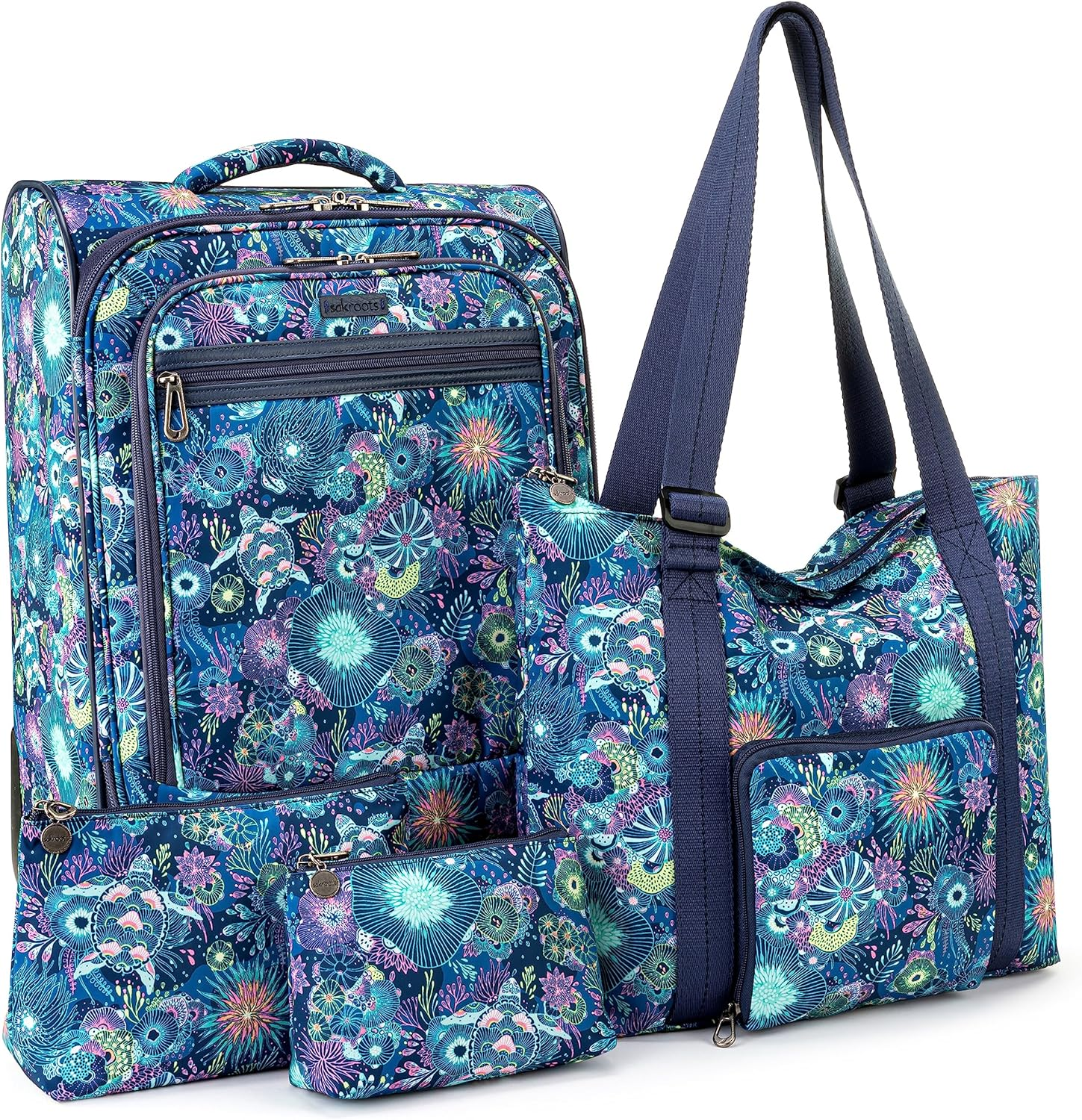 Sakroots on the Go 4 Piece Travel Bundle, Includes 21" Rolling Suitcase, Packable Large Tote, Medium & Small Pouches, Midnight Seascape