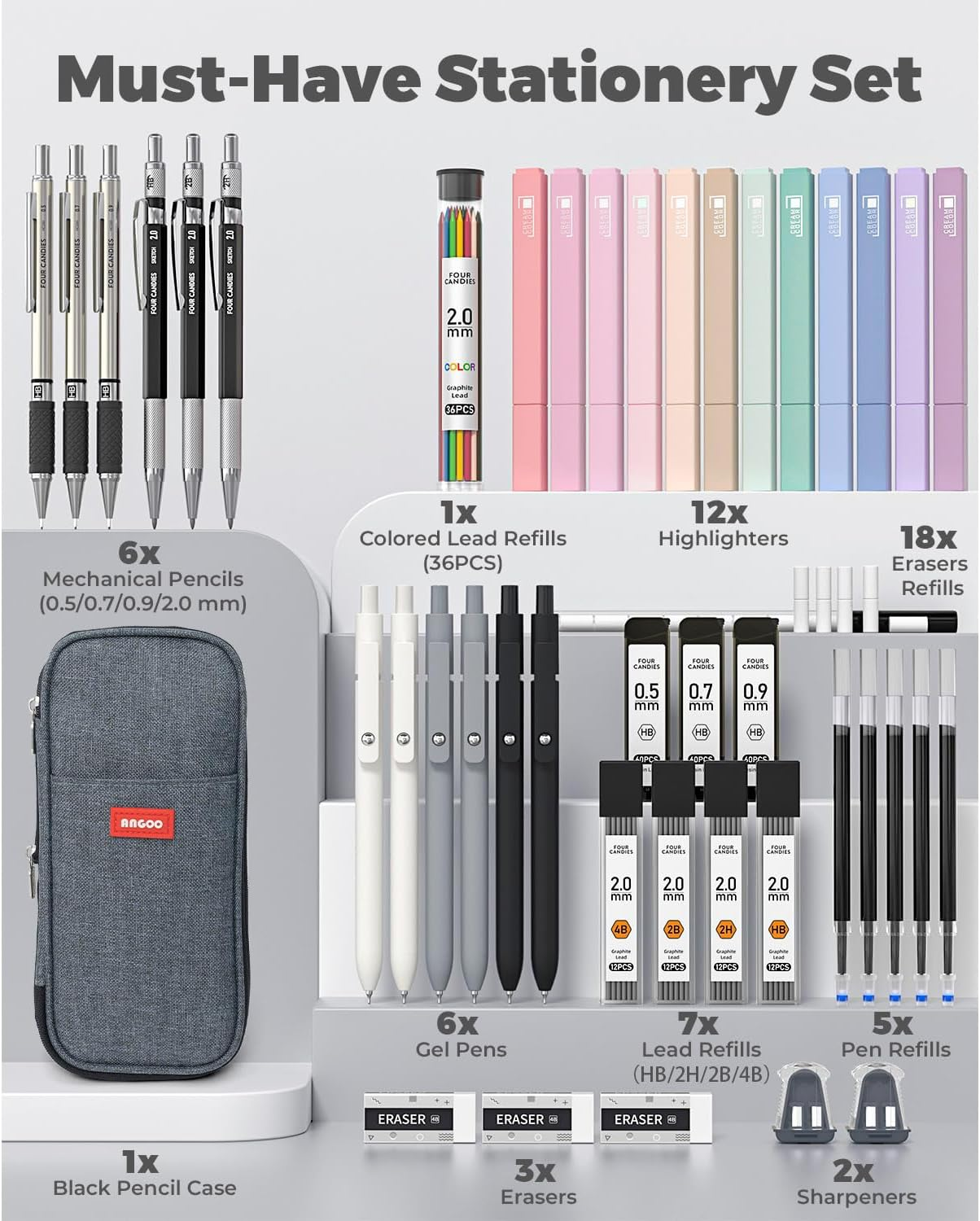 Four Candies 45 PCS School Supplies with Pen Case, 6 Gel Pens, 6 Art Mechanical Pencil Set, 12 Highlighters for College Essentials Office Stationery (Black) image number 2