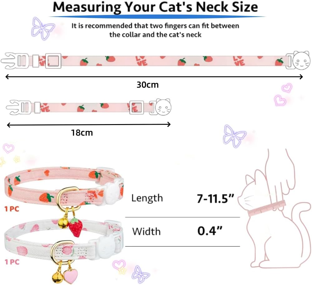 Cotton Detachable Cat Collar, Pink Strawberry White Heart-Shaped Pendant, Cute Kitten and Bell Cat Collar 2-Piece Set image number 5