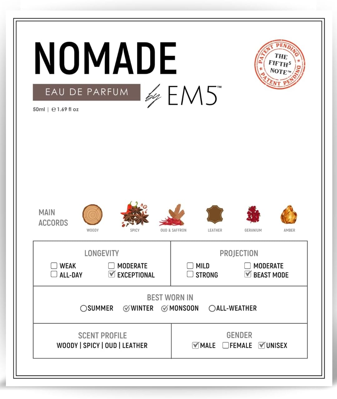 Em5 Nomade Unisex Perfume for Him/Her | Amber Oud Smoky Leather | Perfume Spray for Men & Women | Strong & Long Lasting Fragrance | Him & Her image number 2