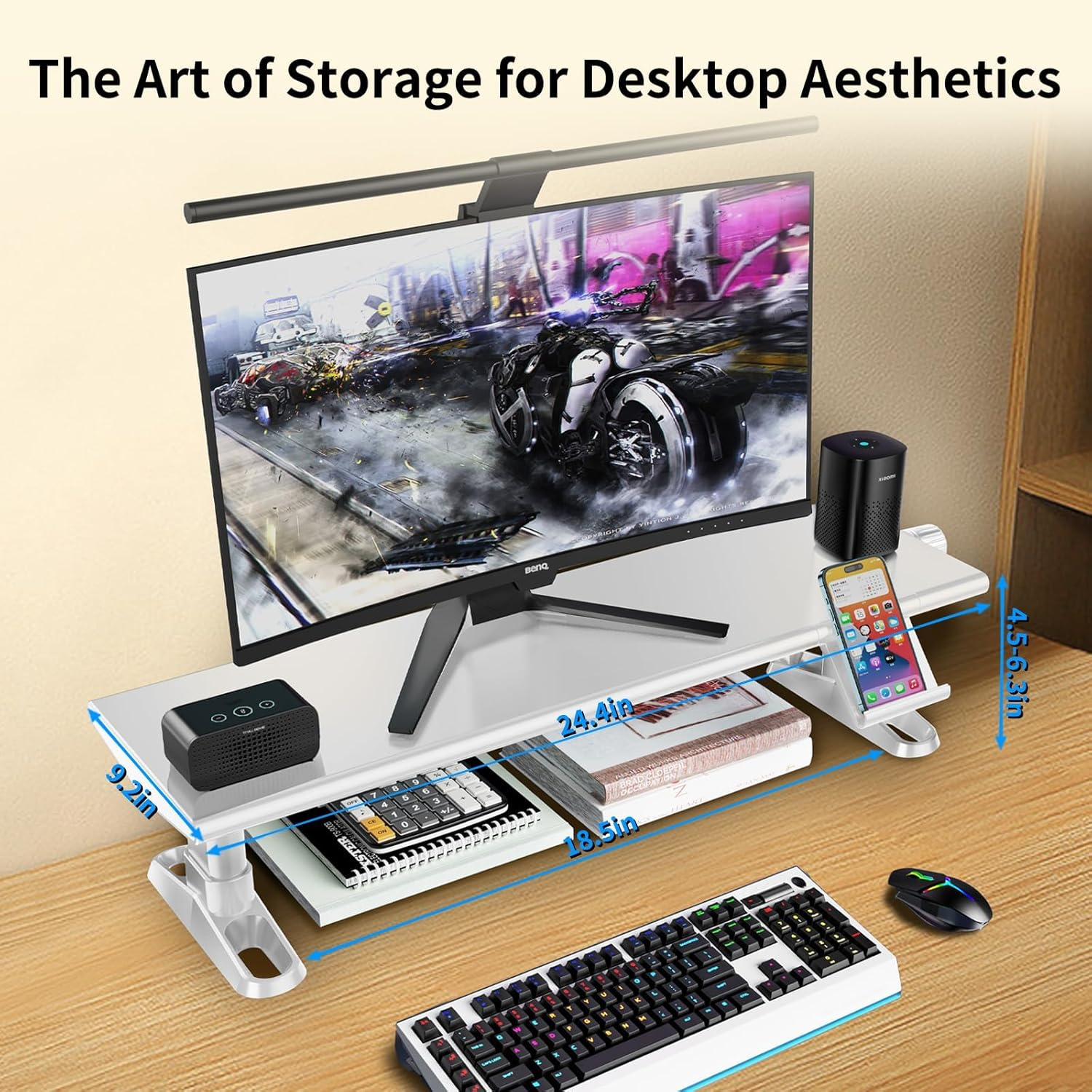 Computer Monitor Stand Riser for Desk, 12-16 Cm Freely Height Adjustable with Cellphone Holder, XICEN Multi-Purpose Desktop Organizer Monitor Stands Riser for Computer, Laptop, Printer, TV (White) image number 3