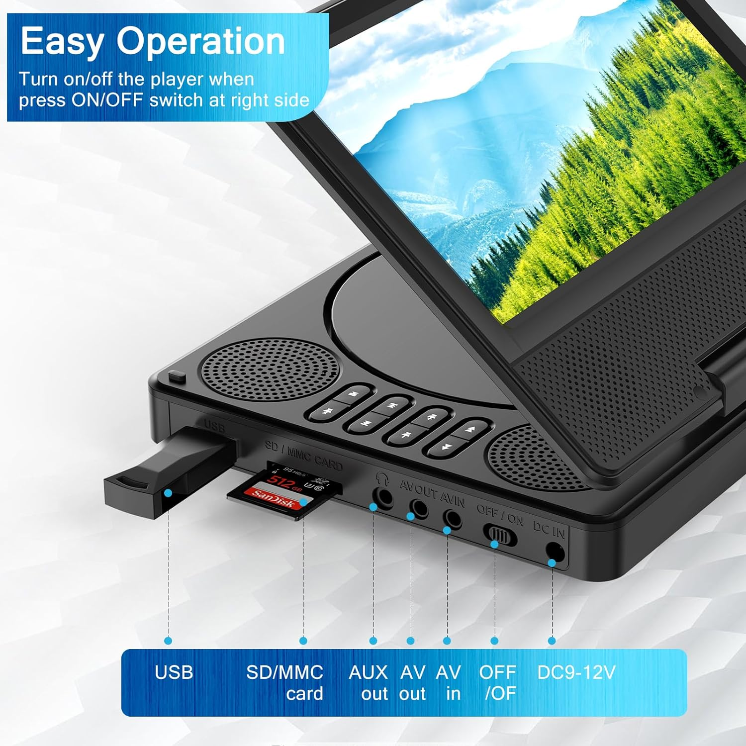 9.5" Portable DVD Player with 7.5" Swivel Display Screen, 5-Hour Built-In Rechargeable Battery, Car DVD Player,Supports SD Card/Usb/Cd/Dvd and Multiple Disc Formats, High Volume Speaker image number 1
