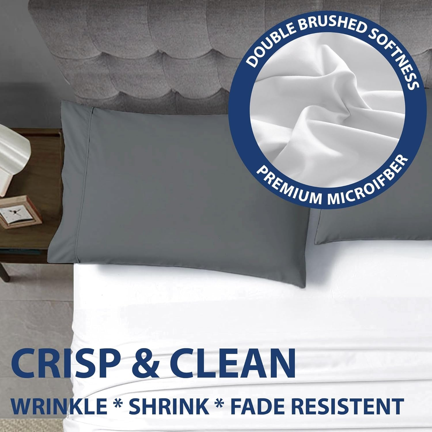 Cathay Home Hospitality 2-Piece Standard Pillowcase Set Hotel Collection - Twin, Twin XL, Full, Queen - Wrinkle & Fade Resistant Double Brushed Ultra Soft Microfiber - Grey, Standard (20" X 30") image number 4