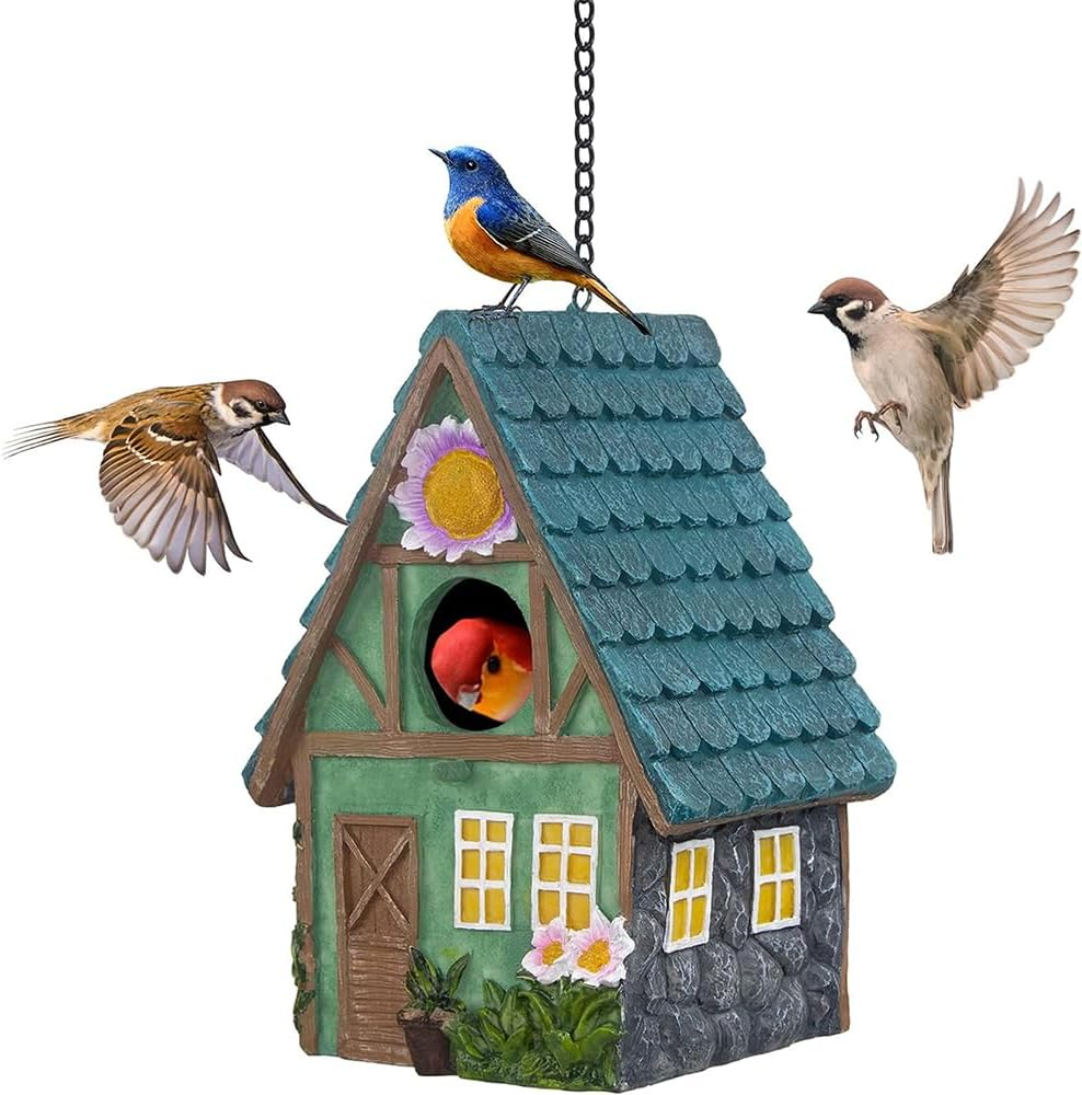 Resin Bird House with Hang Chain, Colorful Decorative Cute Resin Birdhouses Ideal for Attracting Bluebirds, Finches, and Cardinals, Perfect for Birthdays, Holidays, or Garden Themed Occasions image number 3