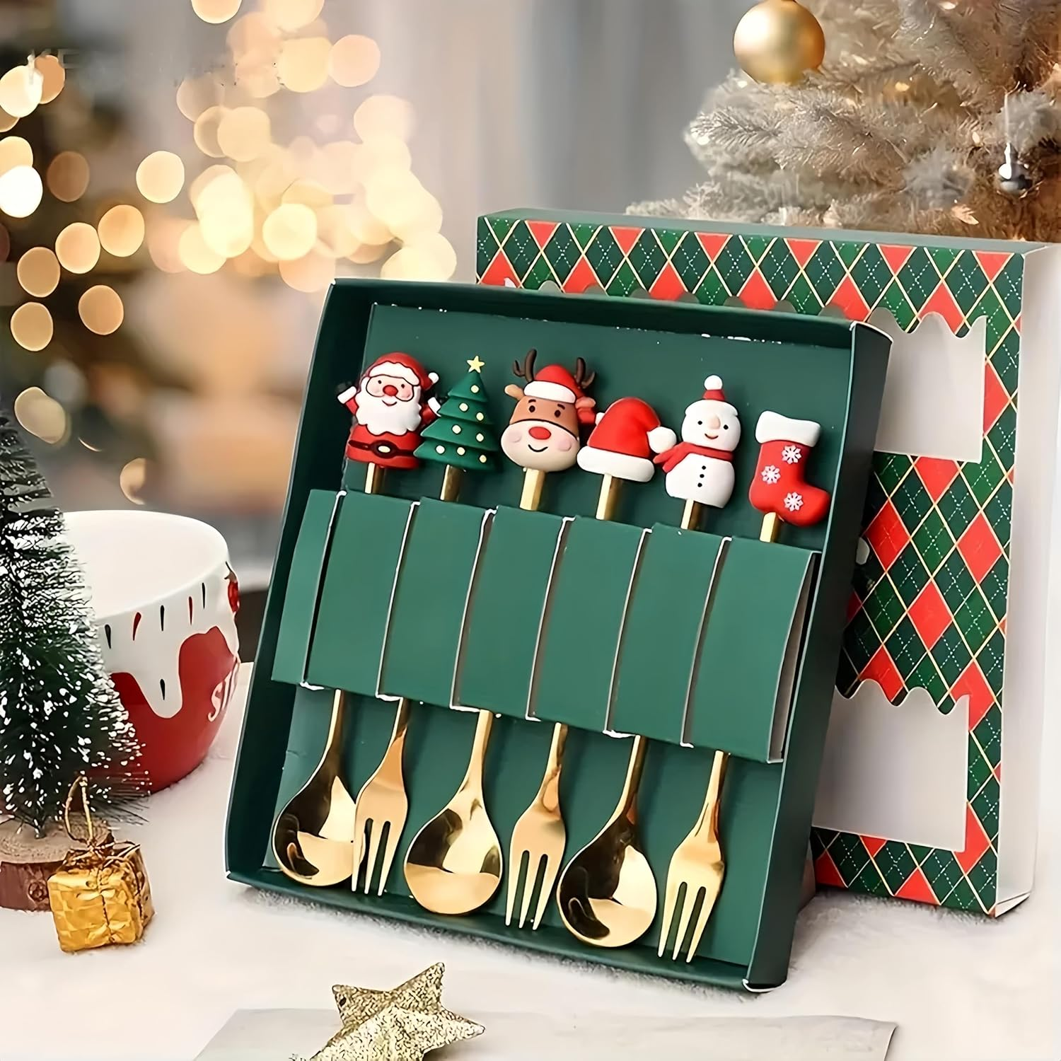Azragon 6Pcs Cutlery Set with 3Pcs Spoons, 3Pcs Forks for Flat White/Tea/Coffee,Tableware with Christmas Elements Design and Perfect Gifts for Kids and Friends. image number 2