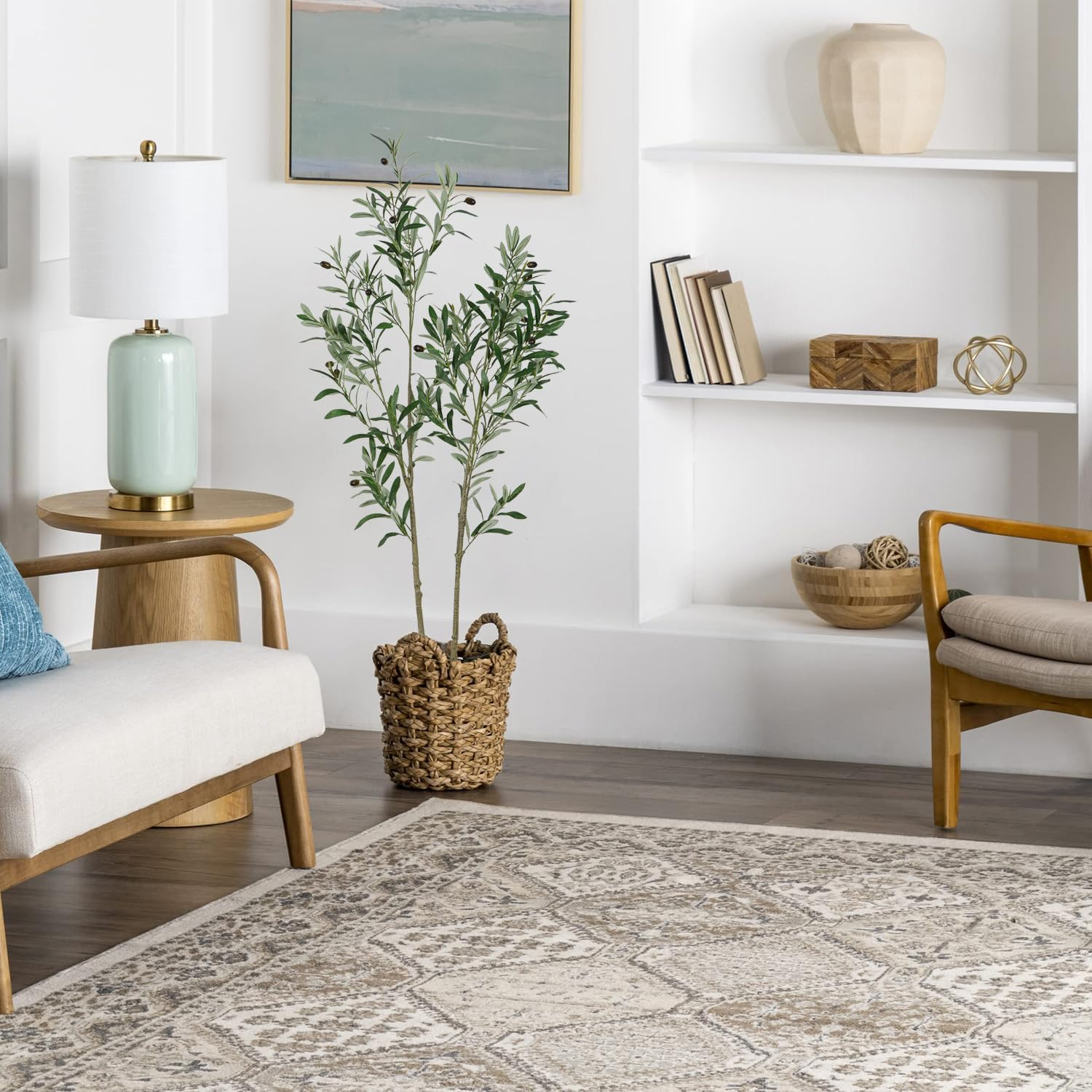 Artigreen 150 Cm Artificial Olive Tree,Double Stemmed Faux Olive Tree Fake Tall Olive with Lifelike Trunks and Fruits for Living Room Bedroom Bathroom Shop Office Room Decor Indoor and Outdoor image number 1