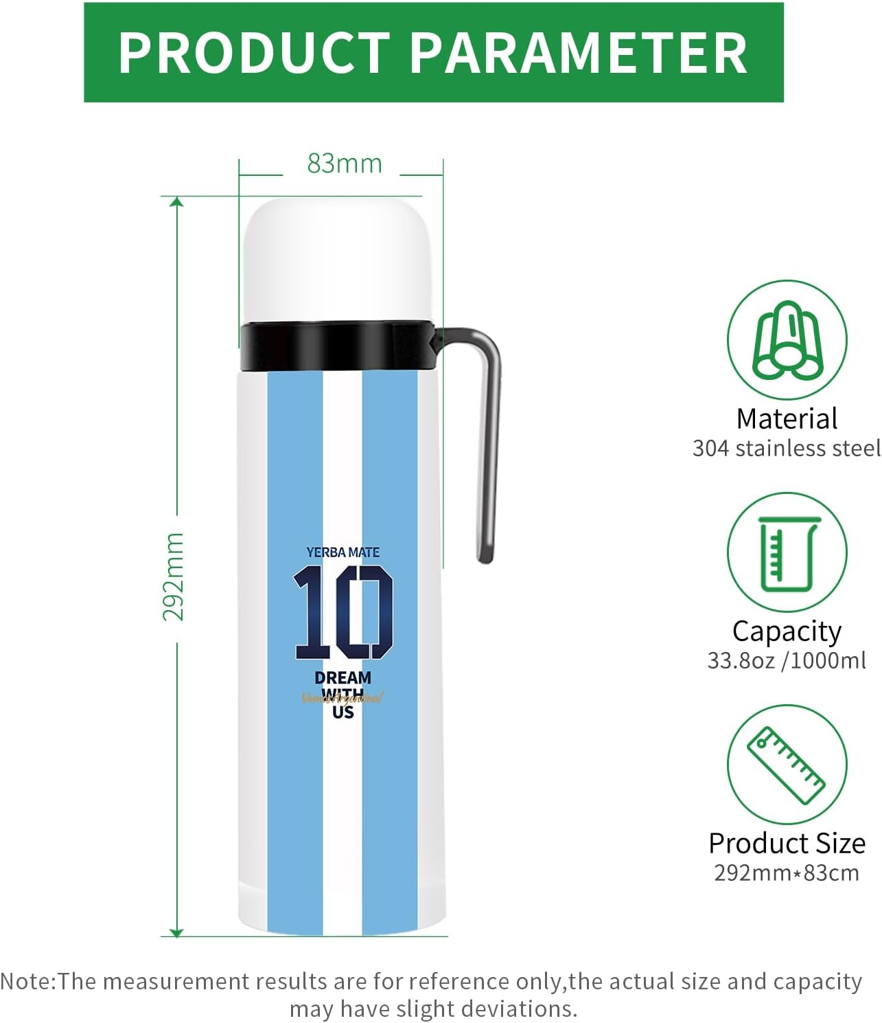 CUOPRU Double Wall Stainless Steel Vacuum Insulated Bottle for Yerba Mate, Coffee, Water, Tea, 32Oz, BPA Free, Argentina Captain NO.10 Style