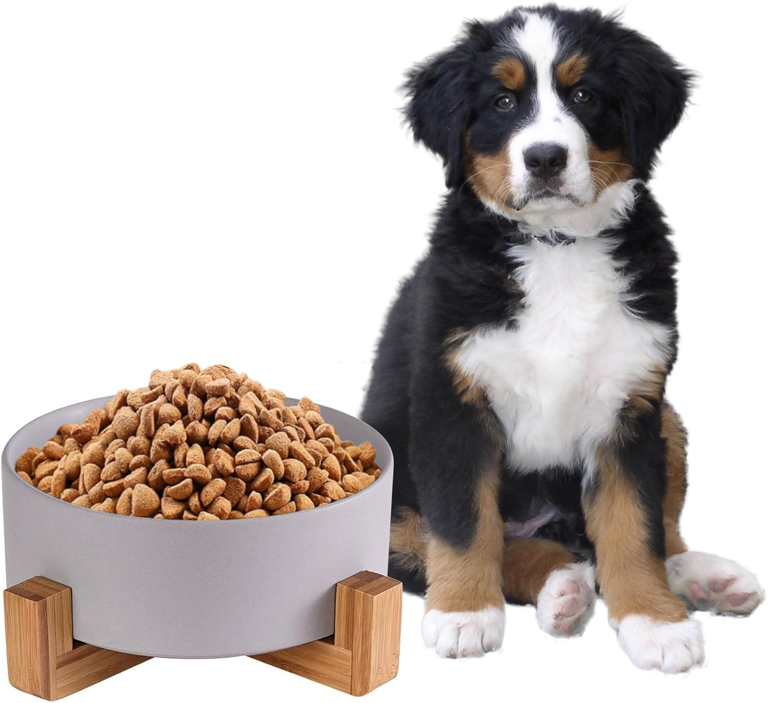 Ceramic Dog Bowl 28OZ with Wood Stand, PRENDIEEN Durable Ceramic Food Water Elevated Dish for Pet 6.1In(15.5Cm) Diameter, Modern Cute Weighted Food Water Set, Cat Dog Food & Water Bowl Set (White)