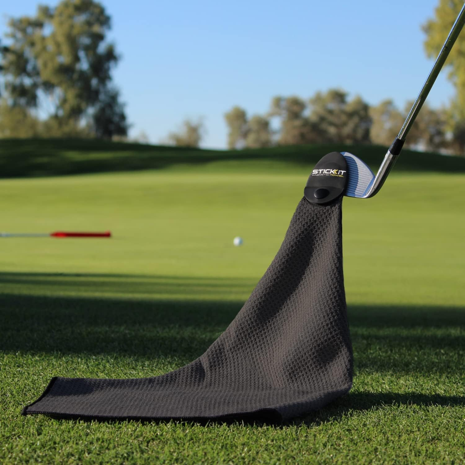 STICKIT Magnetic Golf Towel, Black | Top-Tier Microfiber Golf Towel with Deep Waffle Pockets | Industrial Strength Magnet for Strong Hold to Golf Carts or Clubs image number 1