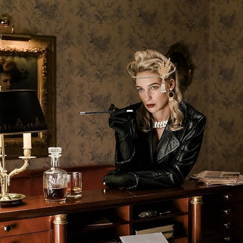 6 Pcs 1920S Flapper Accessories for Women, Roaring 20S Great Gatsby Accessories for Party, Flapper Costume Set Includes Headband, Necklace, Gloves, Earrings, Bracelet, Holder image number 3